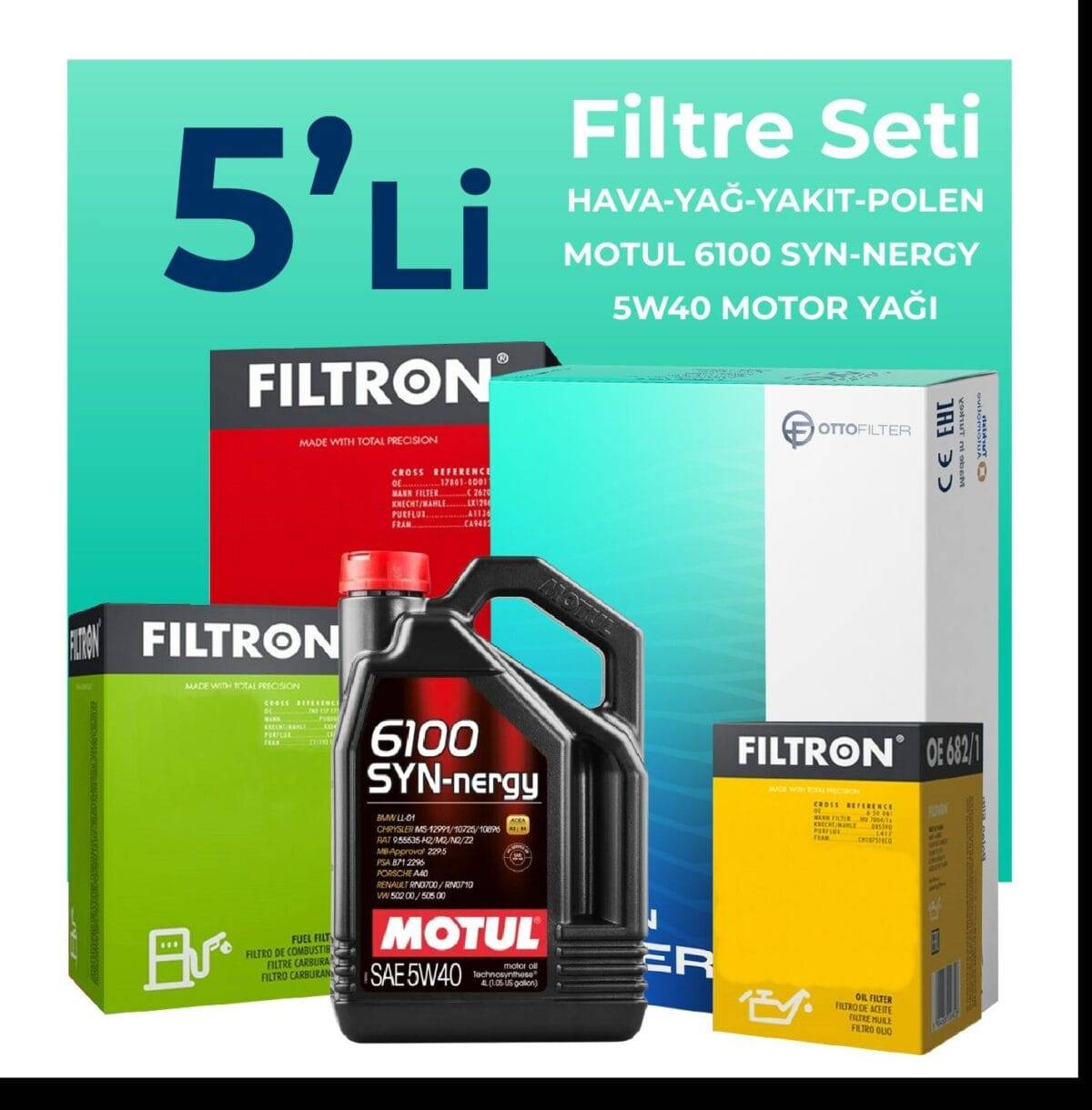 Filtron Fiat Idea 1.3 Dizel Filtre Bakım Seti Motul Motor Yağlı (2004-2010) 5 Li - Görsel 1