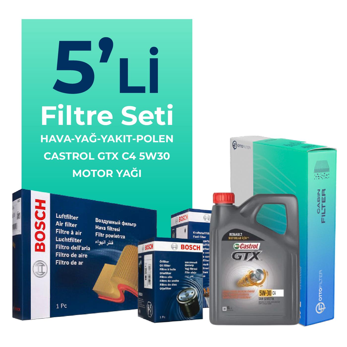 Bosch Dacia Dokker 1.5 Dizel Filtre Bakım Seti Castrol Motor Yağlı (2012-2019) 5 Li