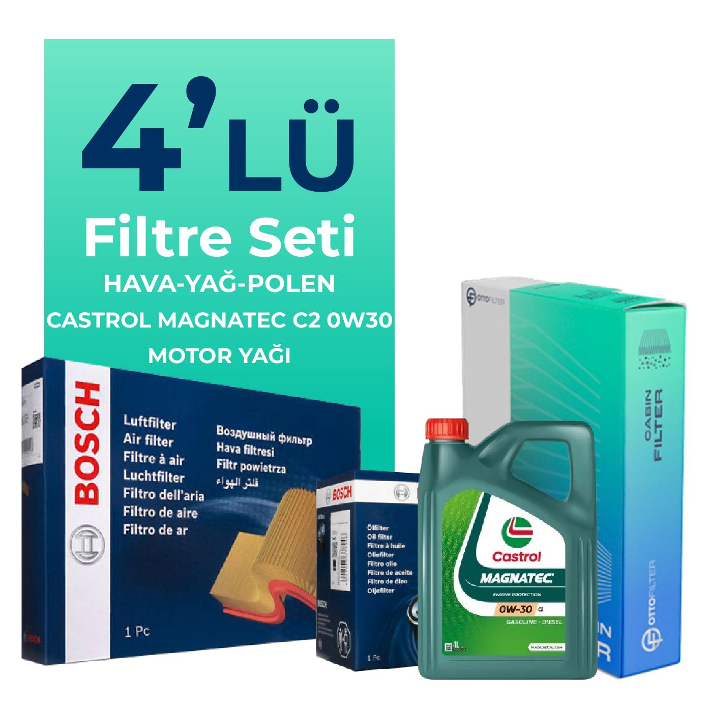 BOSCH Fiat 500X 1.4 Benzinli Filtre Bakım Seti Castrol Motor Yağlı (2014-2024) 4 Lü