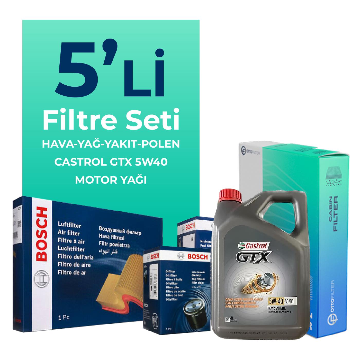 BOSCH Fiat Idea 1.3 Dizel Filtre Bakım Seti Castrol Motor Yağlı (2004-2010) 5 Li