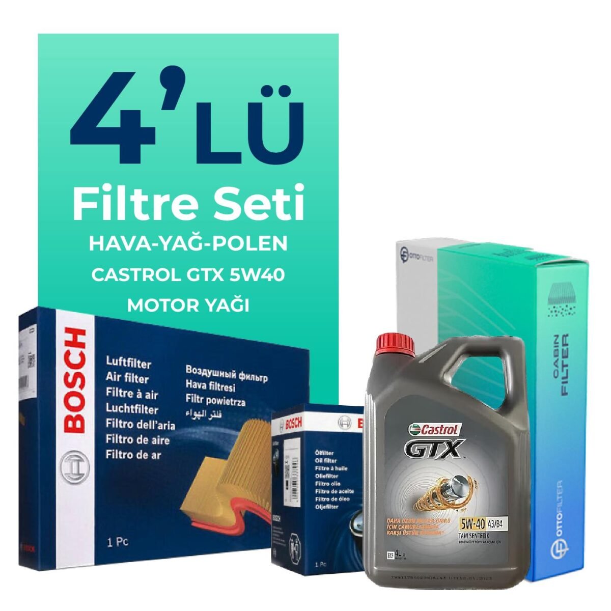 BOSCH Fiat Punto 1.2 Benzinli Filtre Bakım Seti Castrol Motor Yağlı (2012-2017) 4 Lü - Görsel 1