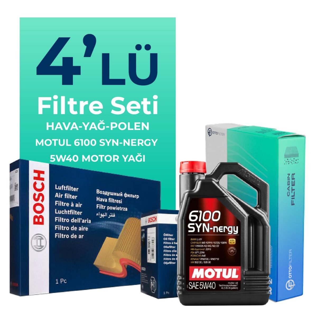 BOSCH Fiat Punto Evo 1.4 Benzinli Filtre Bakım Seti Motul Motor Yağlı (2008-2015) 4 Lü - Görsel 1