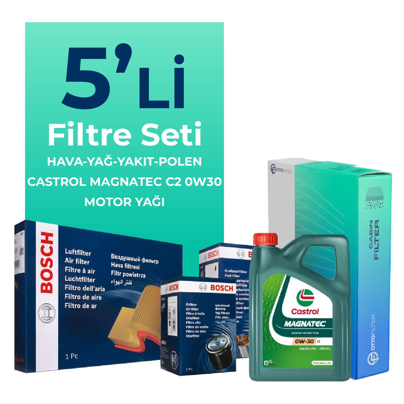 BOSCH Peugeot 2008 1.6 BlueHDi Dizel Filtre Bakım Seti Castrol Motor Yağlı (2015-2019) 5 Li