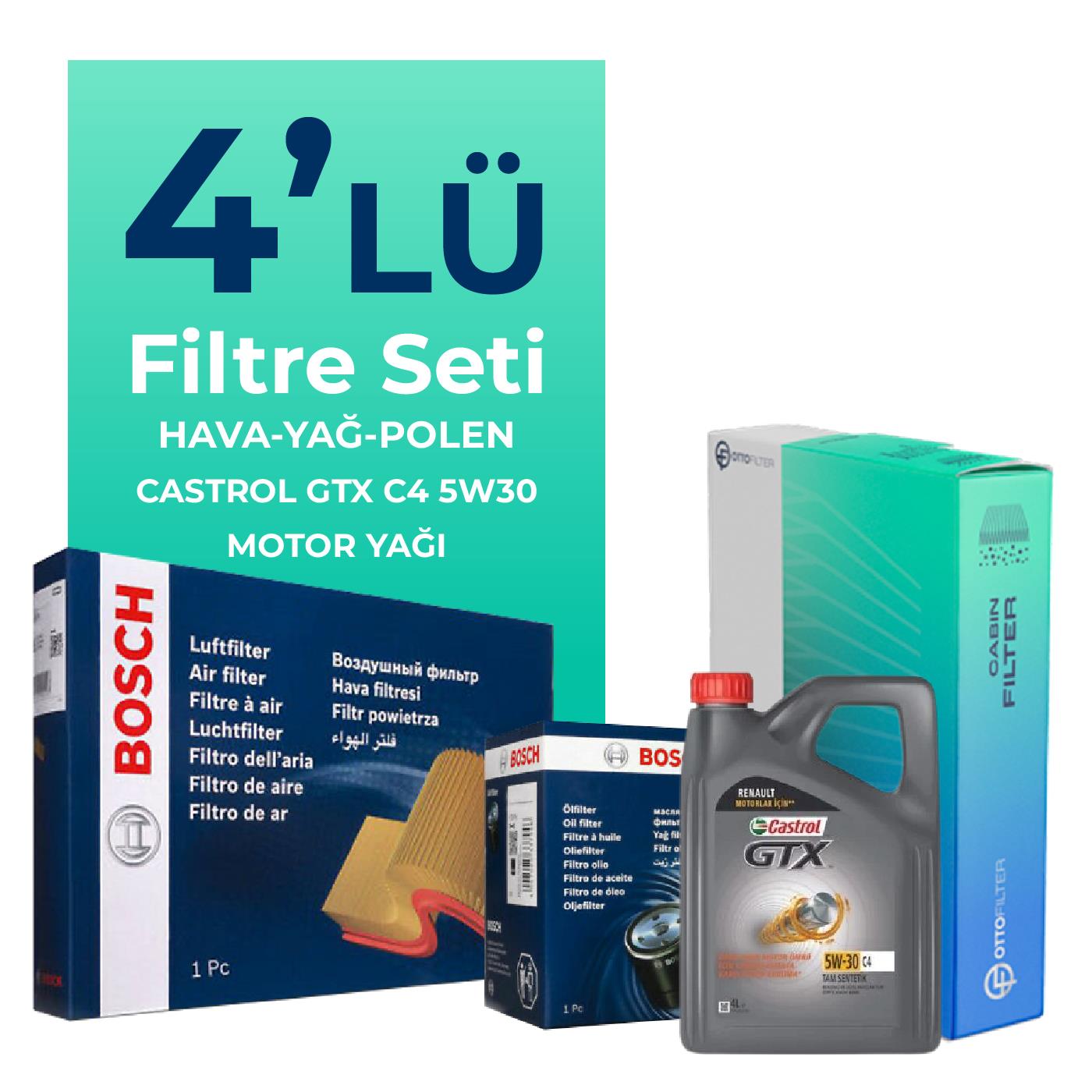 BOSCH Renault Fluence 1.5 Dizel Filtre Bakım Seti Castrol Motor Yağlı (2010-2016) 4 Lü