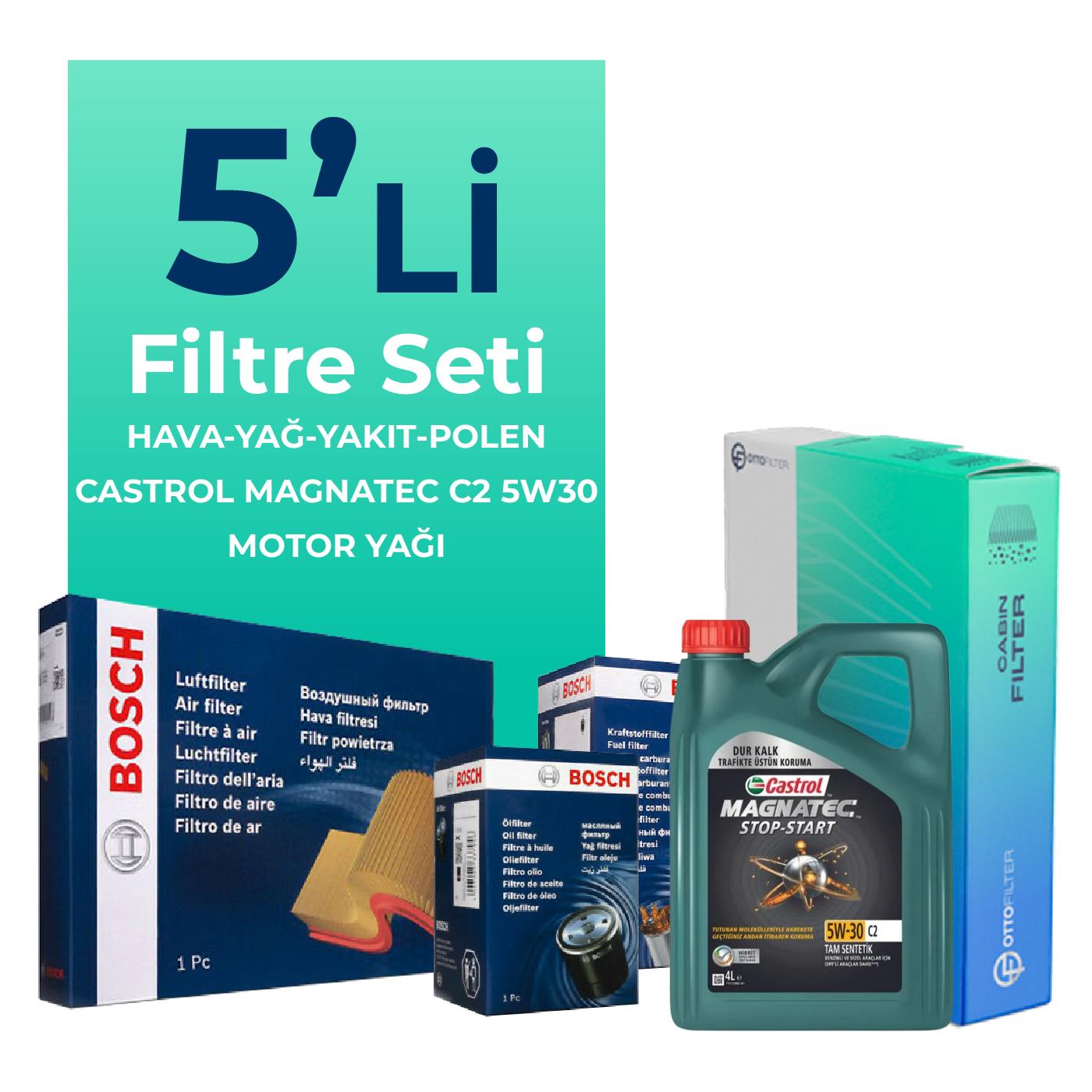 BOSCH Skoda Fabia 1.4 Dizel 70 ve 80 Beygir Filtre Bakım Seti Castrol Motor Yağlı (2004-2008) 5 Li