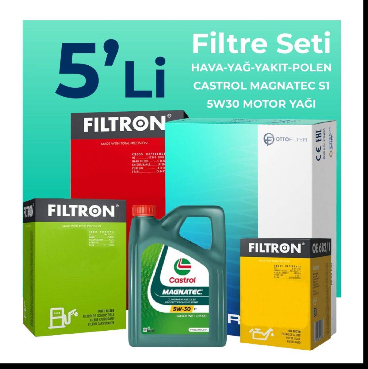 Filtron Fiat Doblo 1.3 Dizel Filtre Bakım Seti Castrol Motor Yağlı (2001-2010) 5 Li - Görsel 1