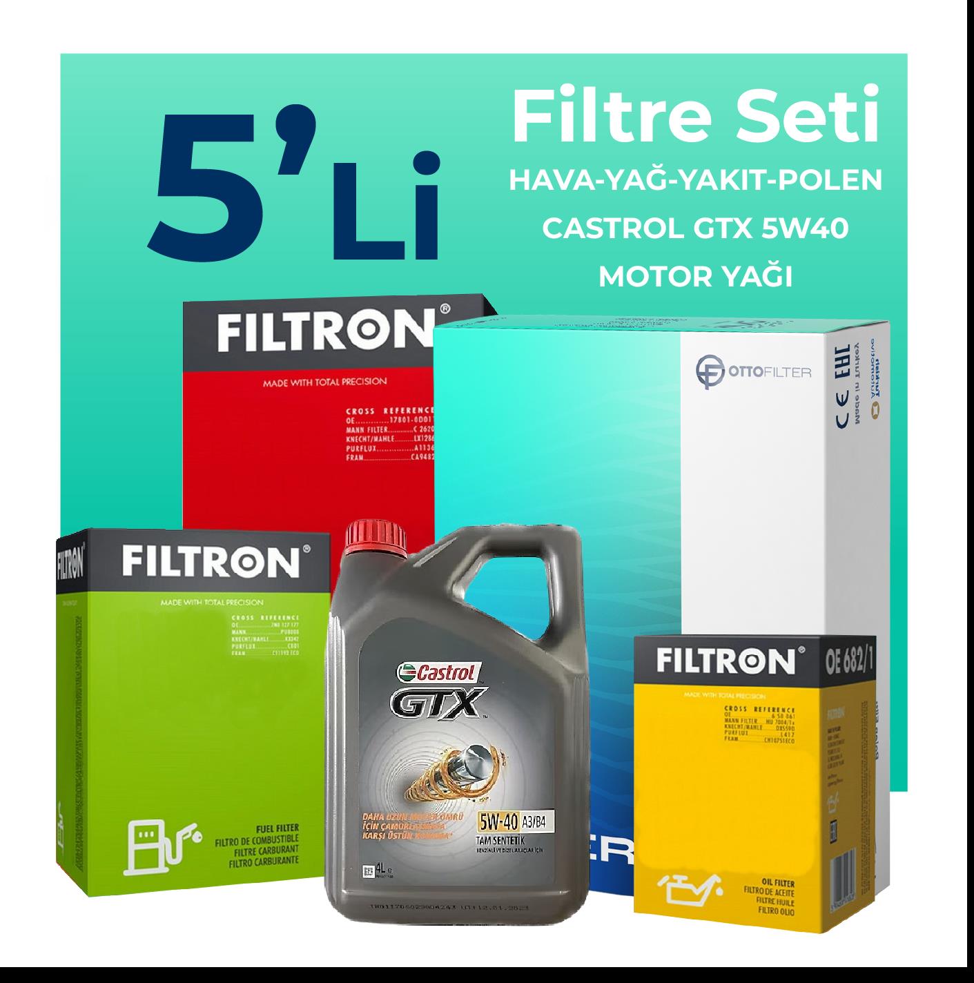Filtron Fiat Idea 1.3 Dizel Filtre Bakım Seti Castrol Motor Yağlı (2004-2010) 5 Li