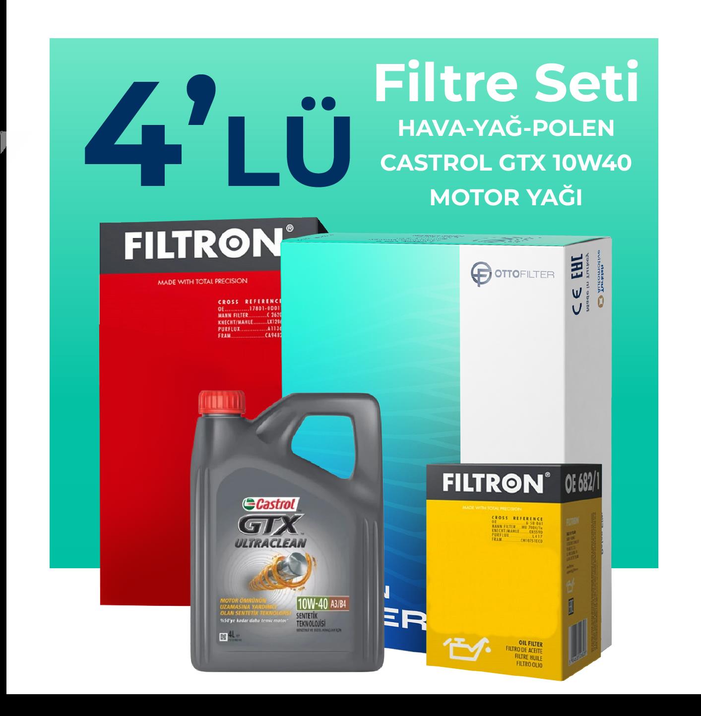 Filtron Fiat Palio 1.4 Benzinli Filtre Bakım Seti Castrol Motor Yağlı (1998-2012) 4 Lü
