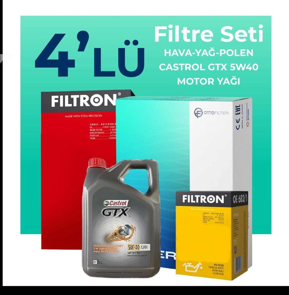 Filtron Fiat Punto 1.4 Benzinli Filtre Bakım Seti Castrol Motor Yağlı (2012-2017) 4 Lü - Görsel 1