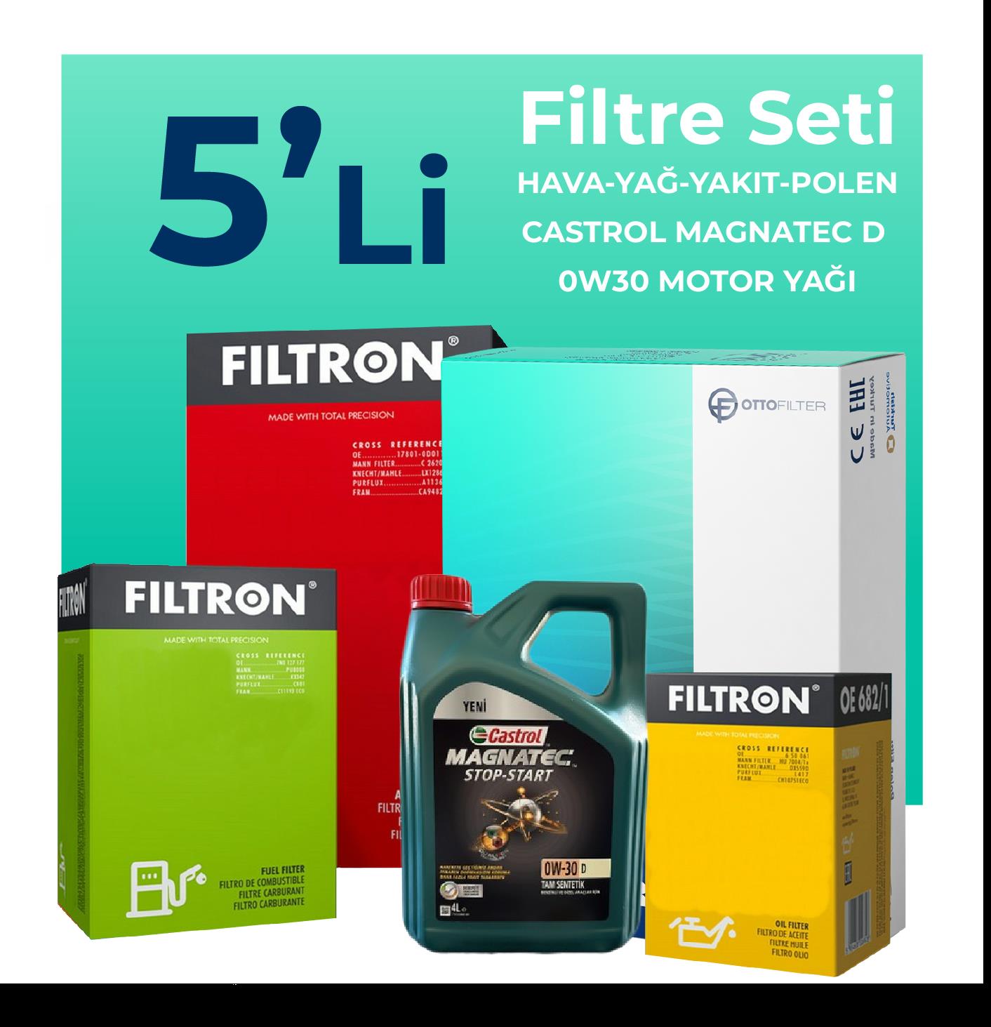 Filtron Ford Mondeo 2.0 Dizel Filtre Bakım Seti Castrol Motor Yağlı (2015-2018) 5 Li