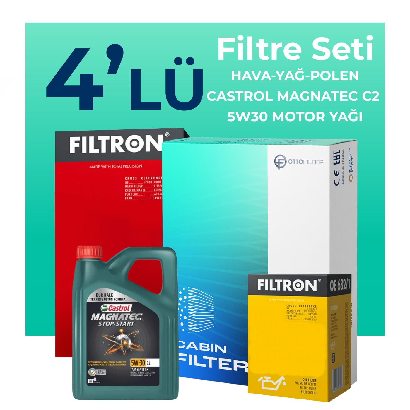 Filtron Peugeot 207 1.6 Dizel 90 Beygir Filtre Bakım Seti Castrol Motor Yağlı (2006-2013) 4 Lü