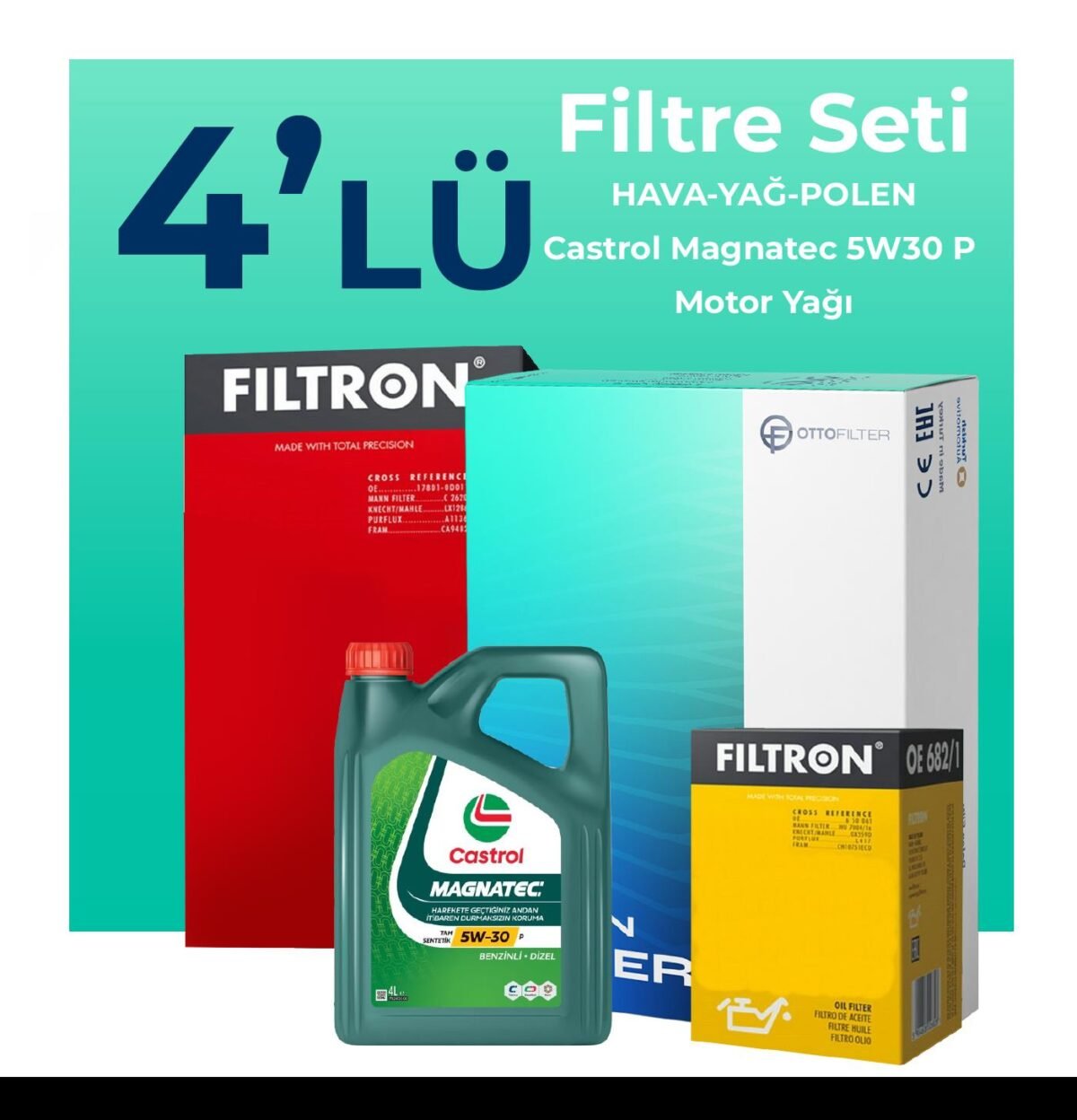 Filtron Peugeot 208 1.2 Benzin Turbo Filtre Bakım Seti Castrol Motor Yağlı (2019-2024) 4 Lü - Görsel 1