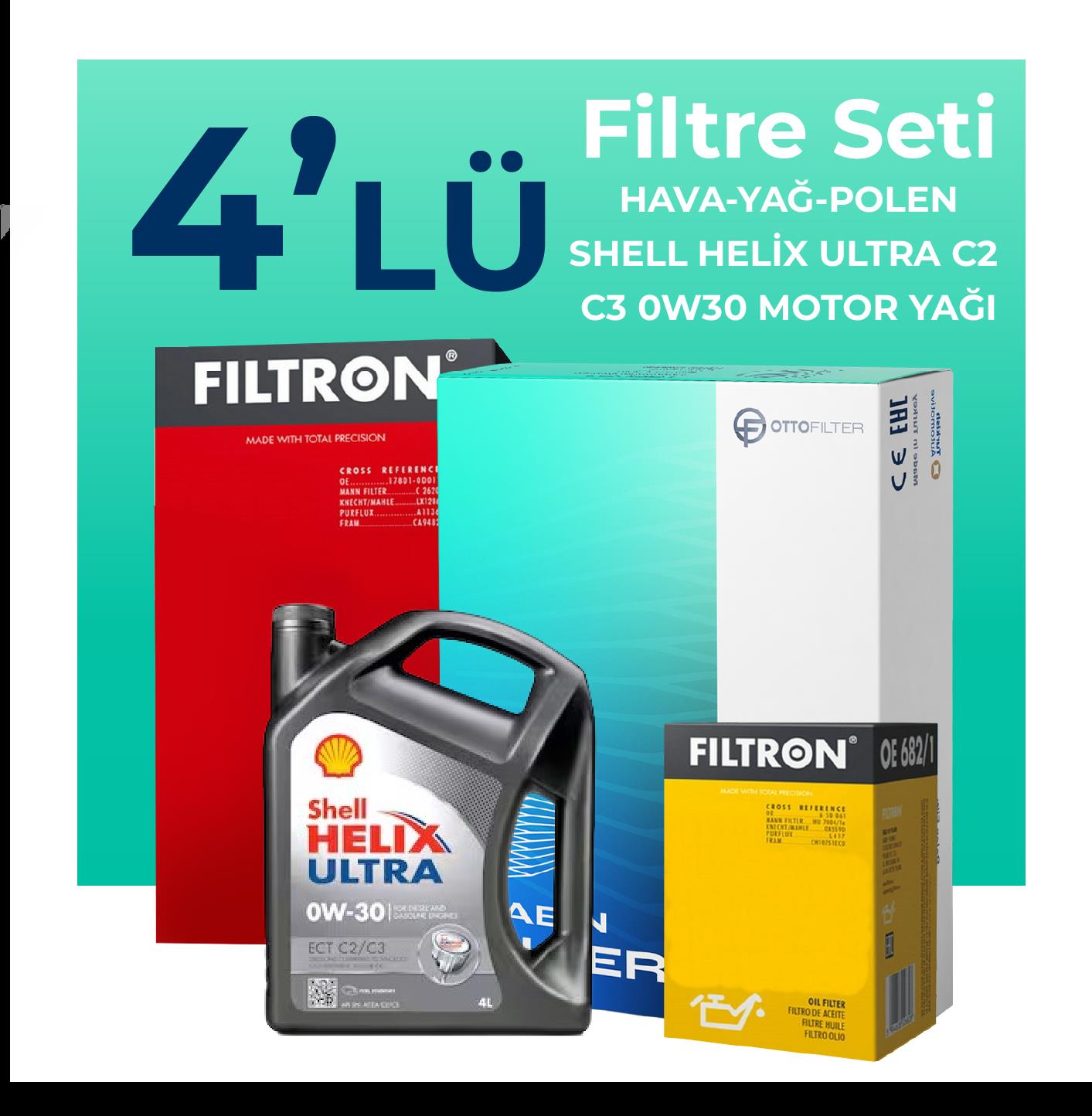 Filtron Peugeot 208 1.6 BlueHDi Dizel Filtre Bakım Seti Shell Motor Yağlı (2016-2019) 4 Lü