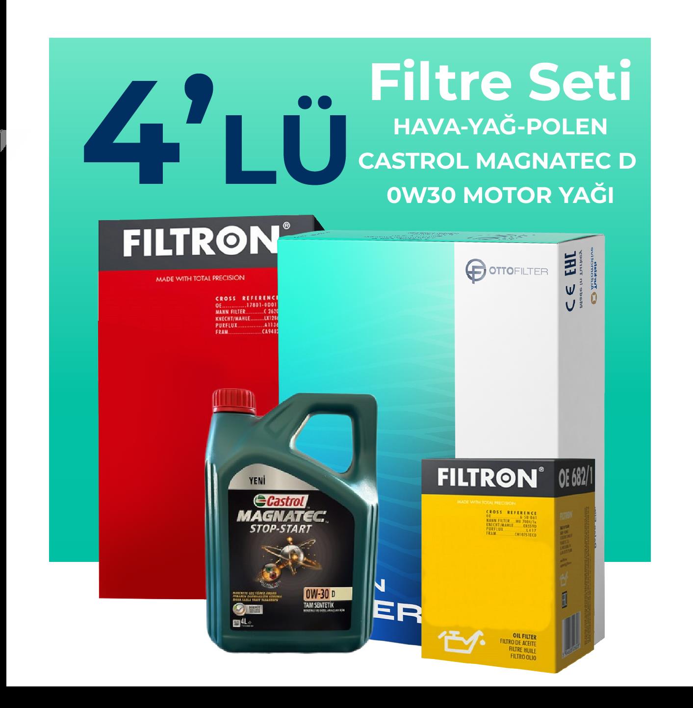 Filtron Peugeot 3008 1.6 Benzin Vti Filtre Bakım Seti Castrol Motor Yağlı (2010-2015) 4 Lü