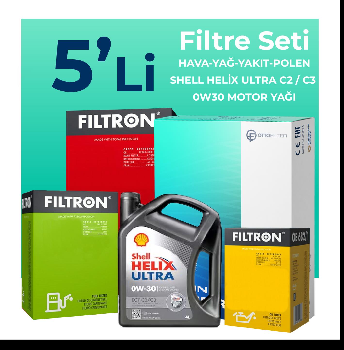 Filtron Peugeot 3008 1.6 BlueHDi Dizel Filtre Bakım Seti Shell Motor Yağlı (2016-2019) 5 Li