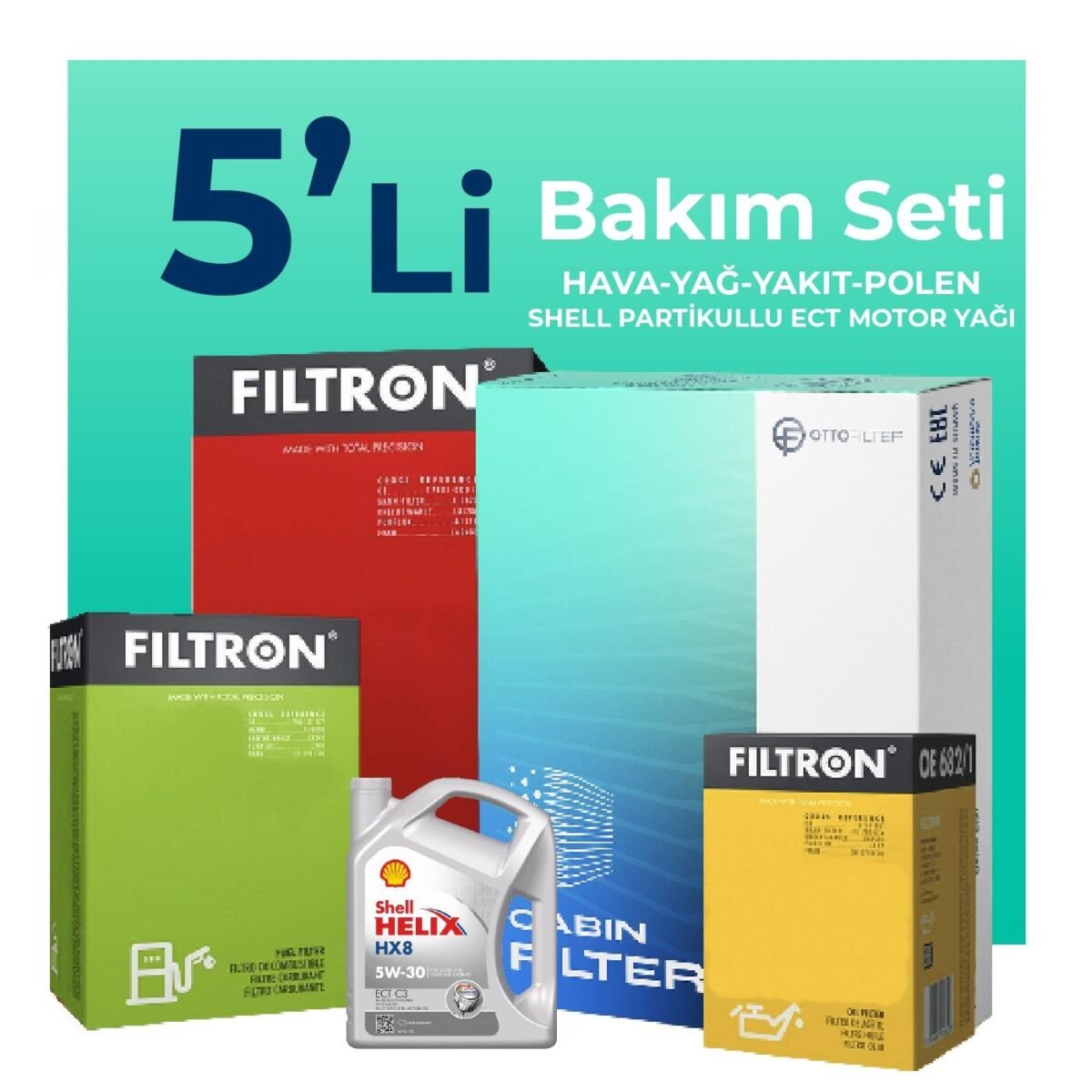 Filtron Peugeot 308 1.6 Dizel Filtre Bakım Seti Shell Motor Yağlı (2008-2014) 5 Li - Görsel 1