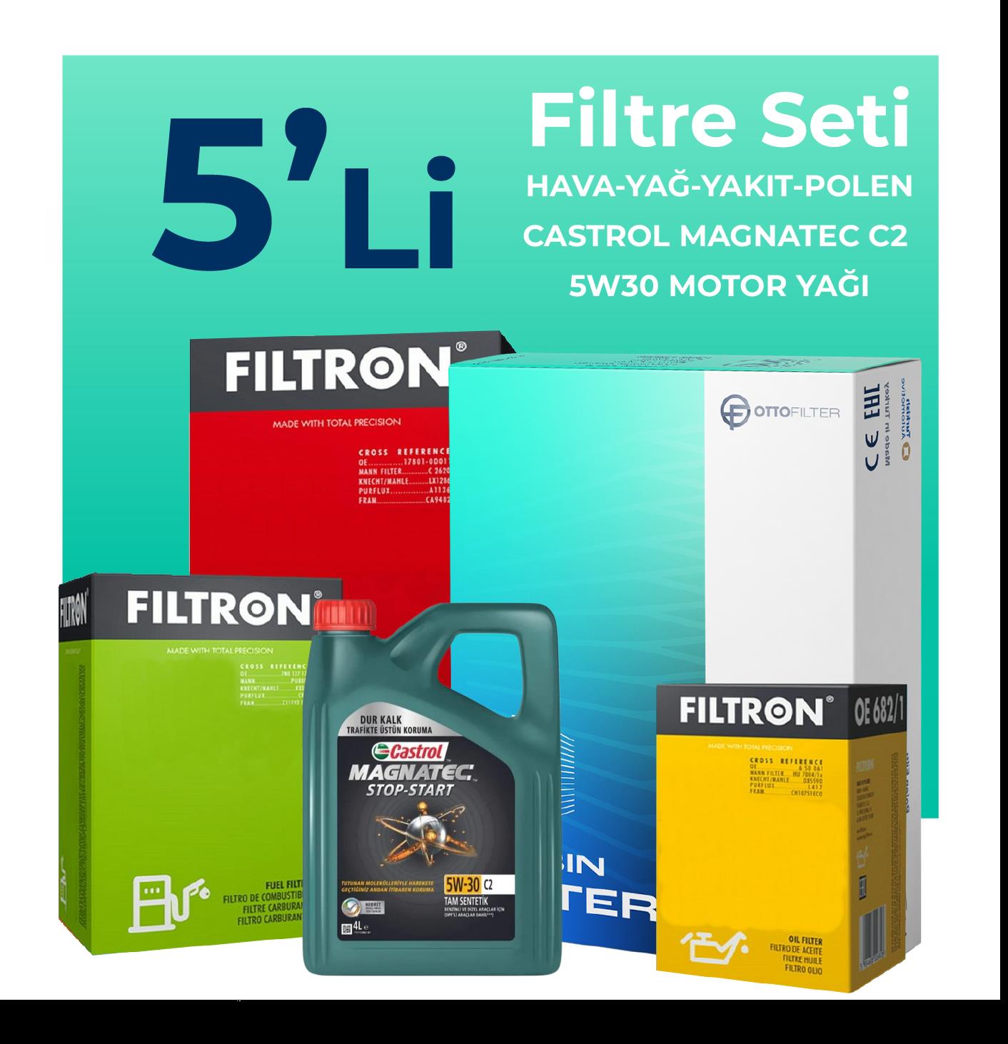 Filtron Peugeot Bipper 1.3 Dizel Filtre Bakım Seti Castrol Motor Yağlı (2009-2016) 5 Li