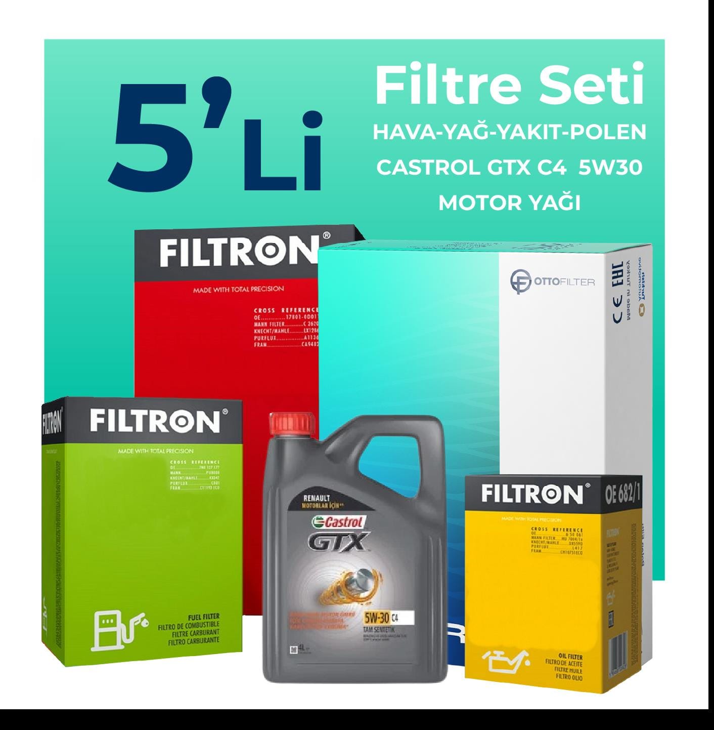 Filtron Renault Captur 1.5 Dizel Filtre Bakım Seti Castrol Motor Yağlı (2013-2019) 5 Li