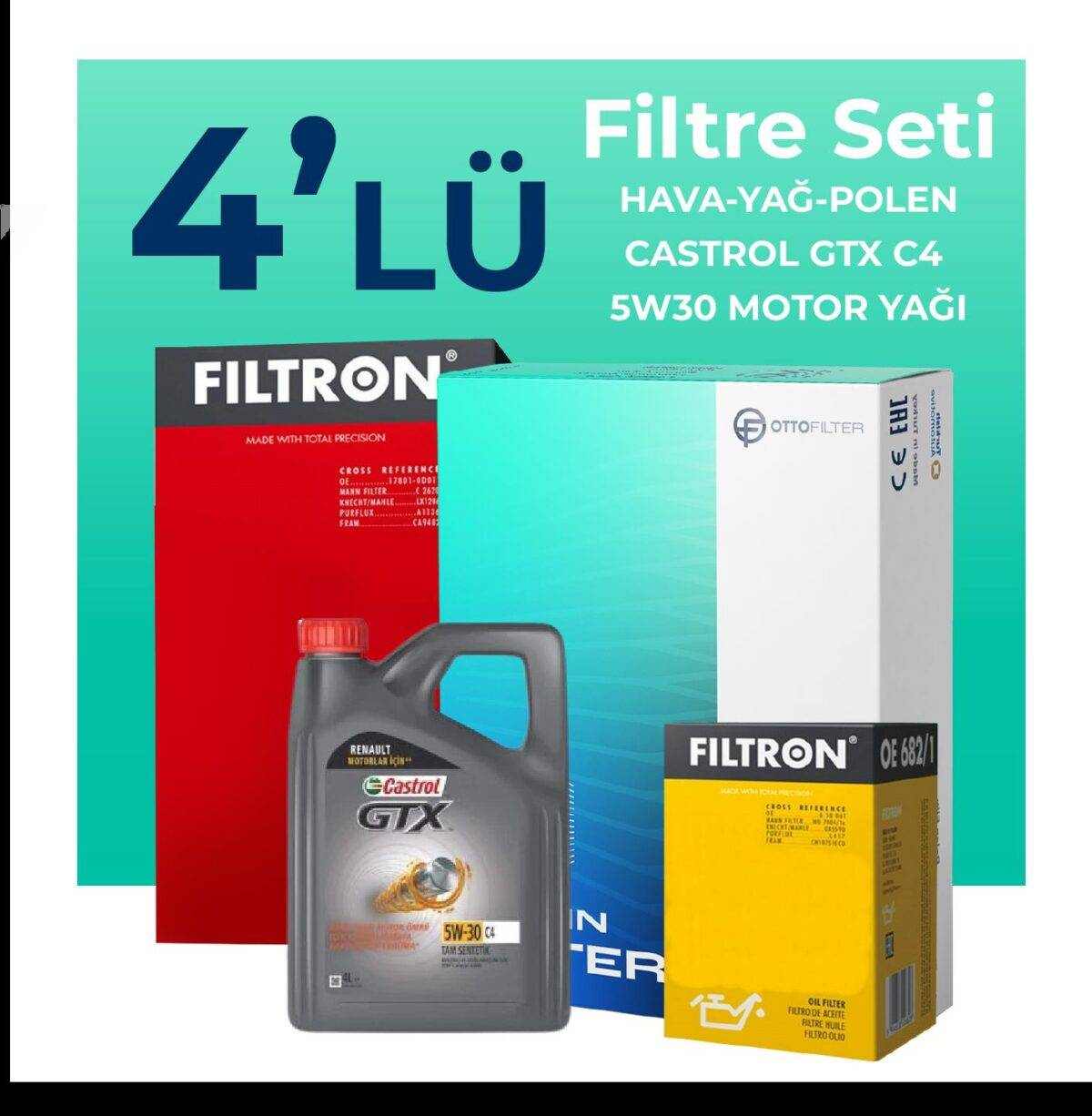 Filtron Renault Clio 1.0 Benzin SCe Filtre Bakım Seti Castrol Motor Yağlı (2019-2024) 4 Lü - Görsel 1