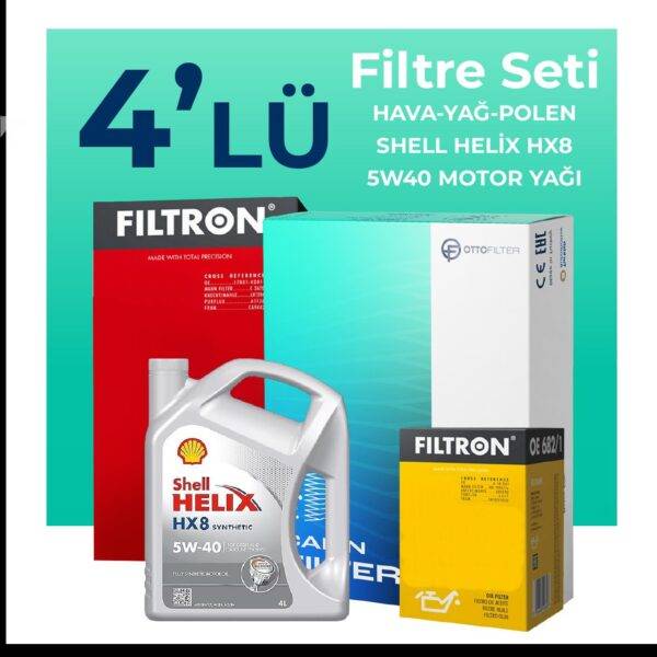 Filtron Renault Clio 1.2 Benzin Filtre Bakım Seti Shell Motor Yağlı (2014-2021) 4 Lü