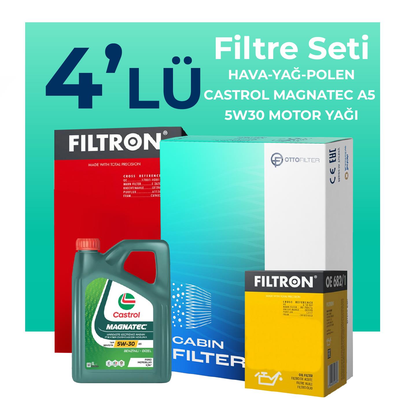 Filtron Skoda Octavia 1.4 TSi Filtre Bakım Seti Castrol Motor Yağlı (2010-2013) 4 Lü