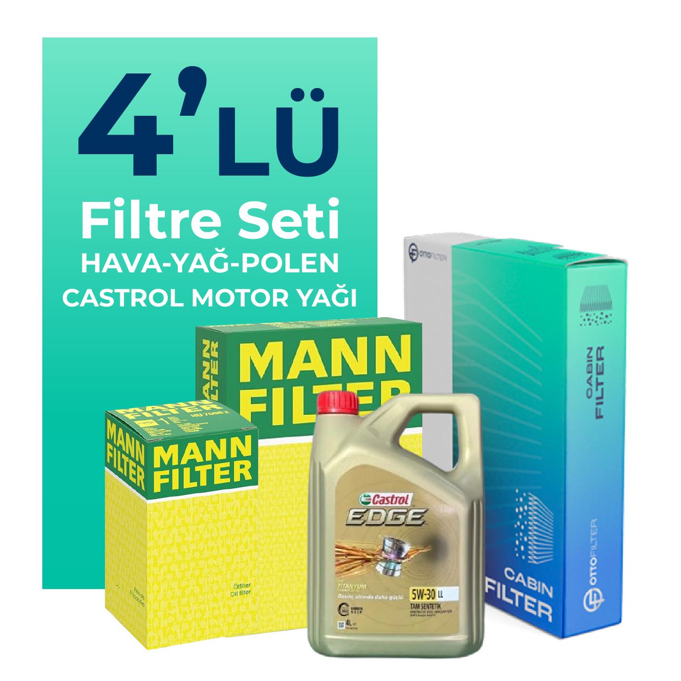 MANN Audi A1 1.4 TSi Filtre Bakım Seti Castrol Motor Yağlı (2014-2018) 4 Lü