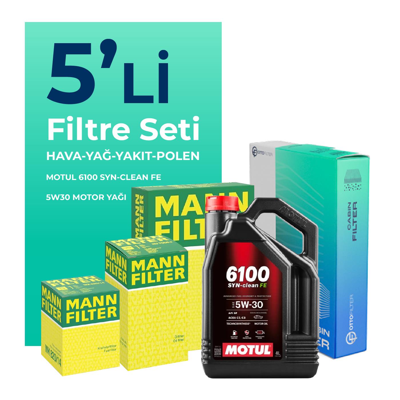 MANN Citroen C5 2.0 Dizel Filtre Bakım Seti Motul Motor Yağlı (2004-2008) 5 Li