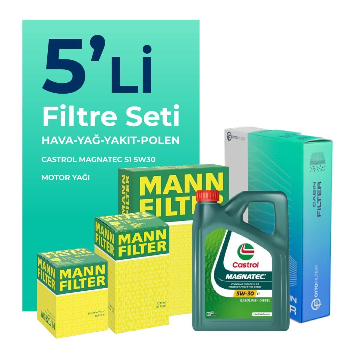 MANN Fiat Linea 1.3 Dizel Filtre Bakım Seti Castrol Motor Yağlı EURO 4 (2007-2017) 5 Li - Görsel 1