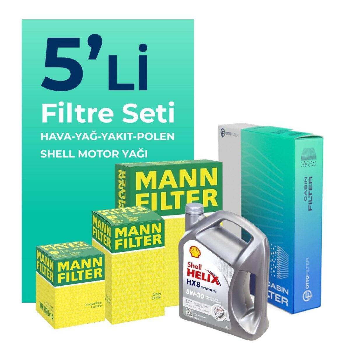 MANN Fiat Linea 1.3 Dizel Filtre Bakım Seti Shell Motor Yağlı EURO 5 (2009-2017) 5 Li - Görsel 1