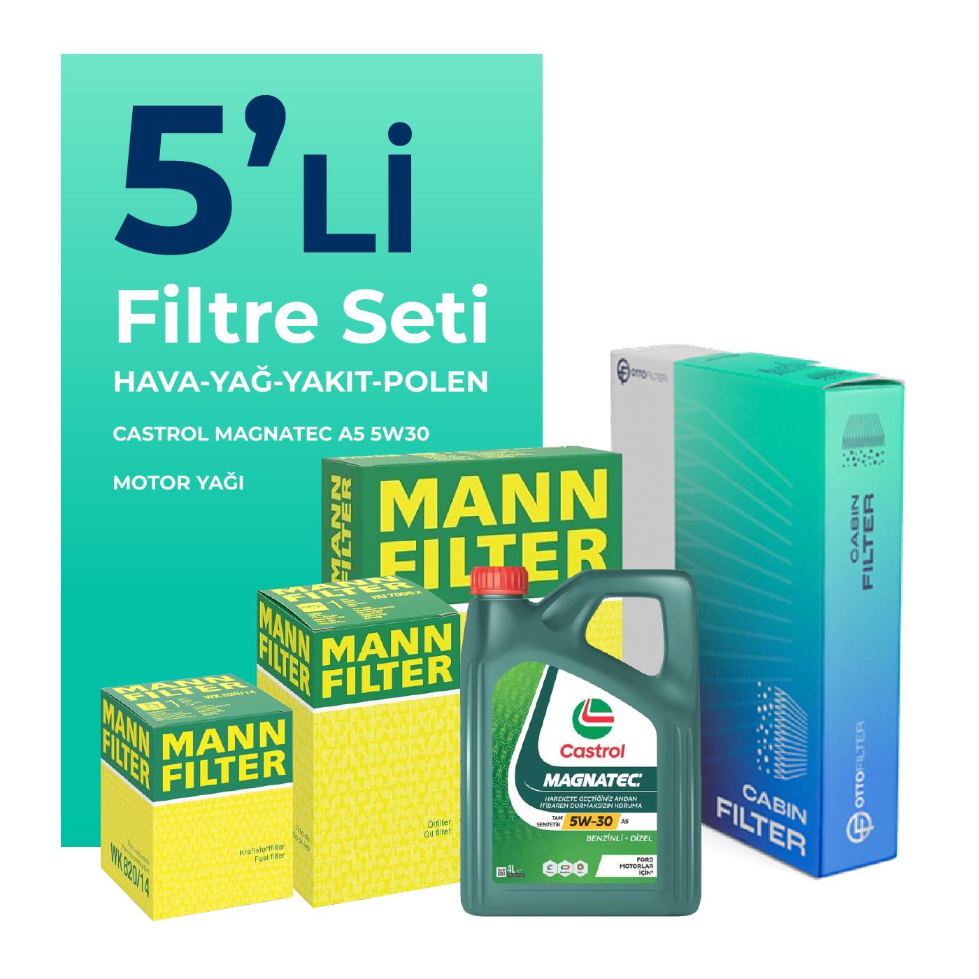 MANN Ford Focus 1.6 Dizel Filtre Bakım Seti Castrol Motor Yağlı (2010-2017) 5 Li