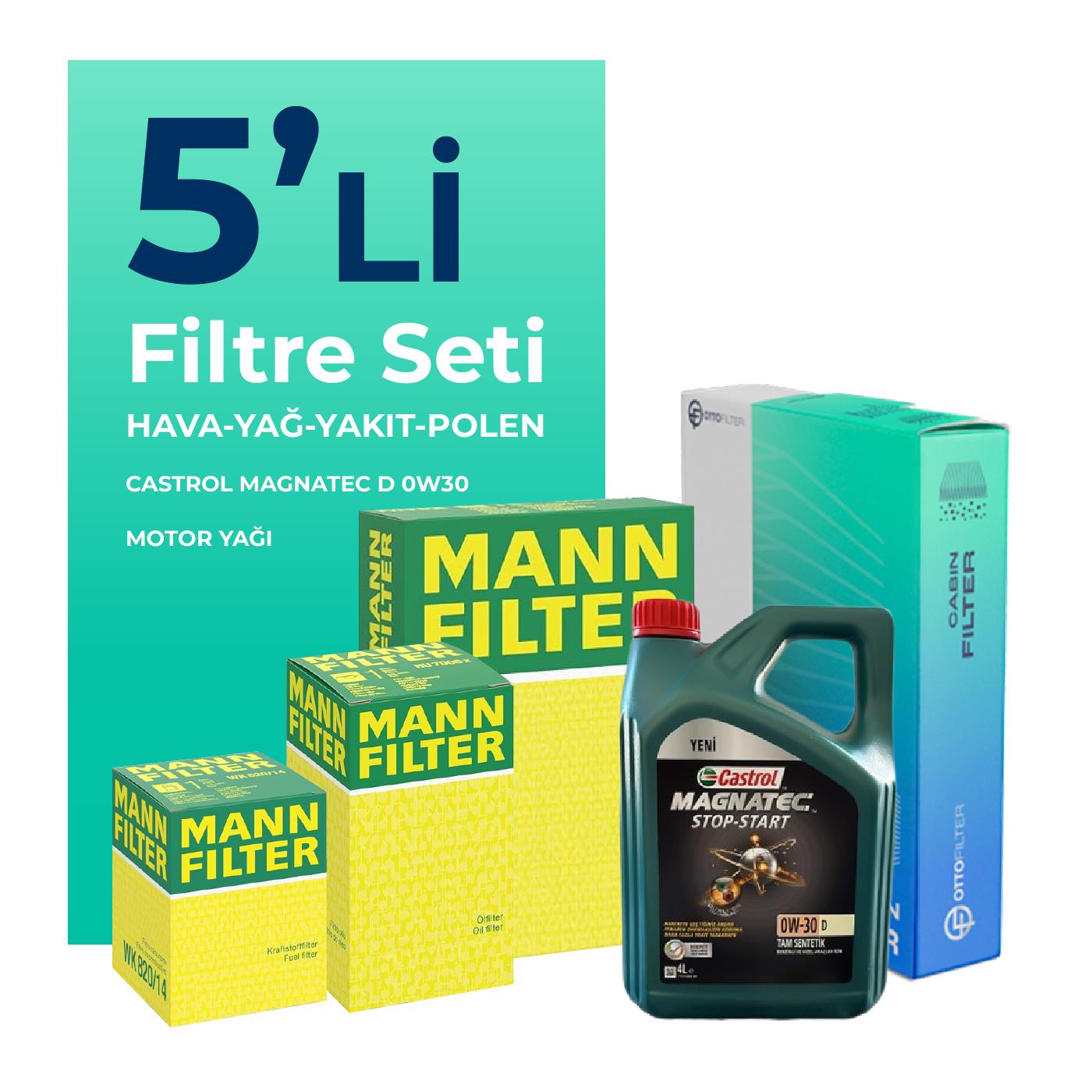 MANN Ford Mondeo 2.0 Dizel Filtre Bakım Seti Castrol Motor Yağlı (2015-2018) 5 Li