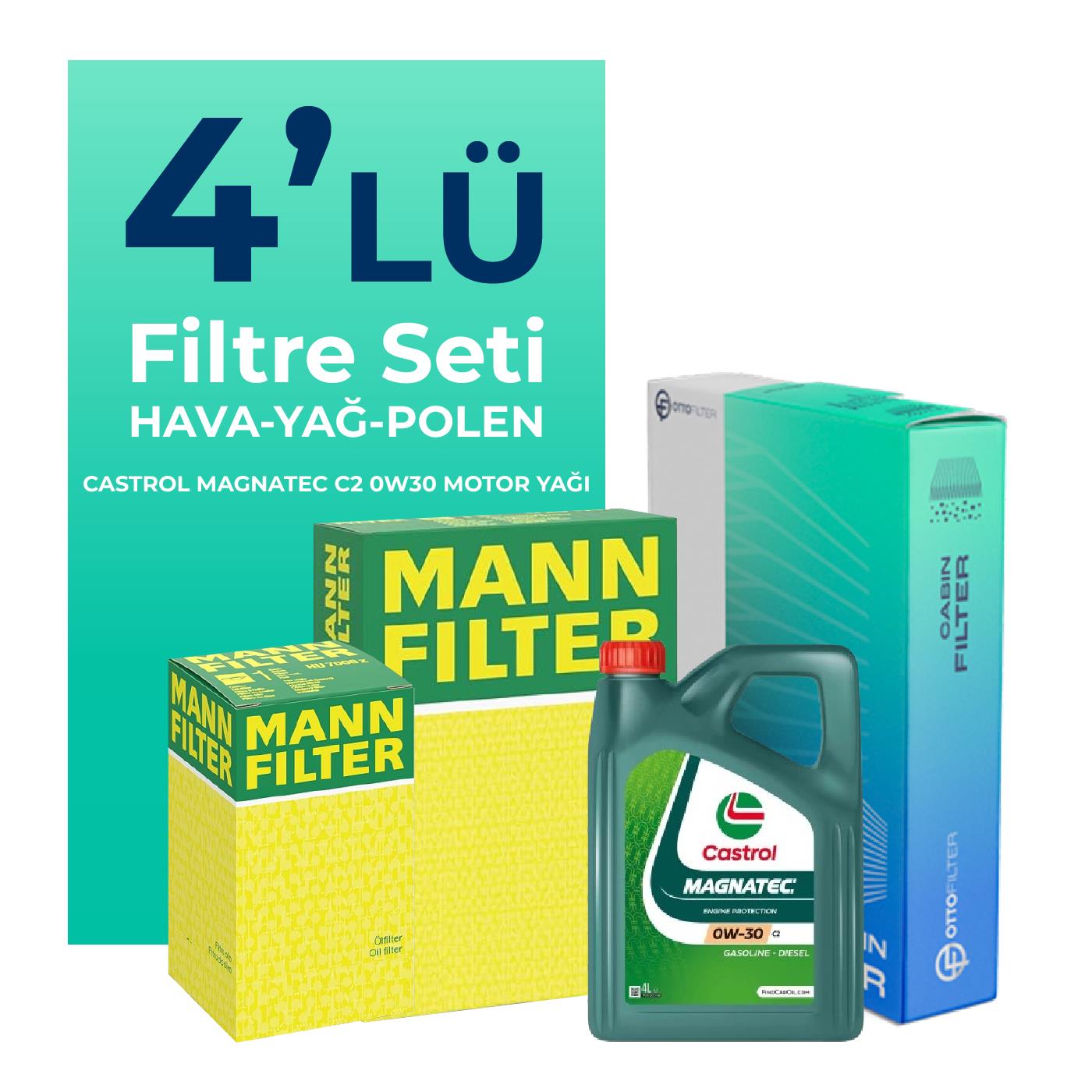 MANN Peugeot 2008 1.6 Benzin Vti Filtre Bakım Seti Castrol Motor Yağlı (2013-2018) 4 Lü