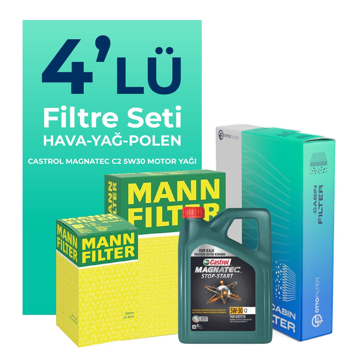 MANN Peugeot 207 1.6 Dizel 92 Beygir Filtre Bakım Seti Castrol Motor Yağlı (2010-2013) 4 Lü