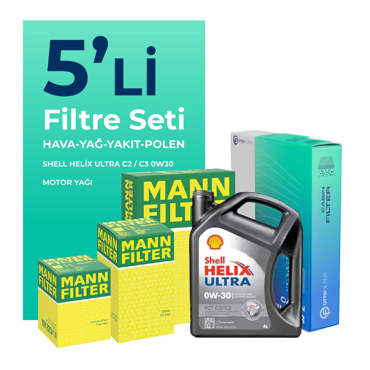 MANN Peugeot 5008 1.6 BlueHDi Dizel Filtre Bakım Seti Shell Motor Yağlı (2016-2019) 5 Li