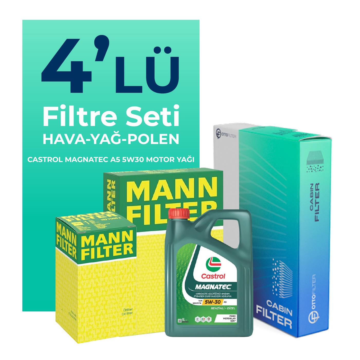 MANN Volkswagen Golf 1.4 TSi Filtre Bakım Seti Castrol Motor Yağlı (2013-2019) 4 Lü