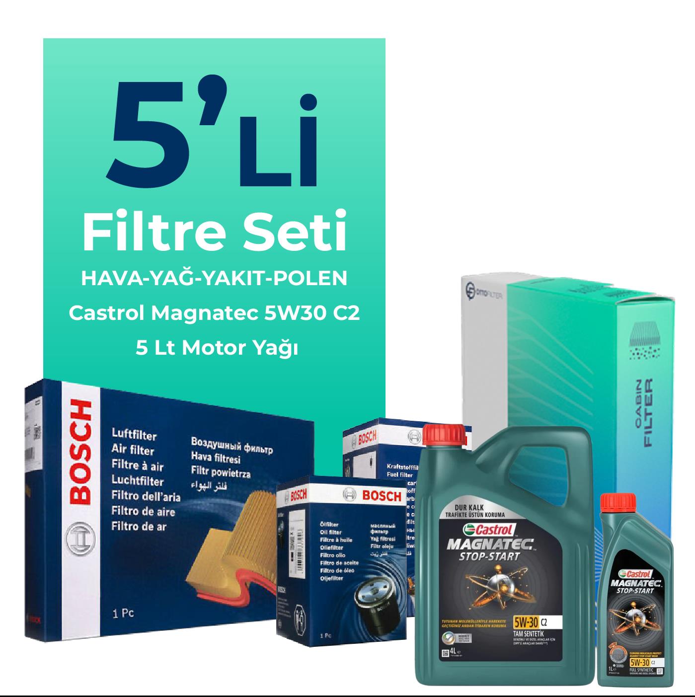 BOSCH Opel Meriva 1.7 Dizel Filtre Bakım Seti Castrol Motor Yağlı (2011-2015) 5 Li