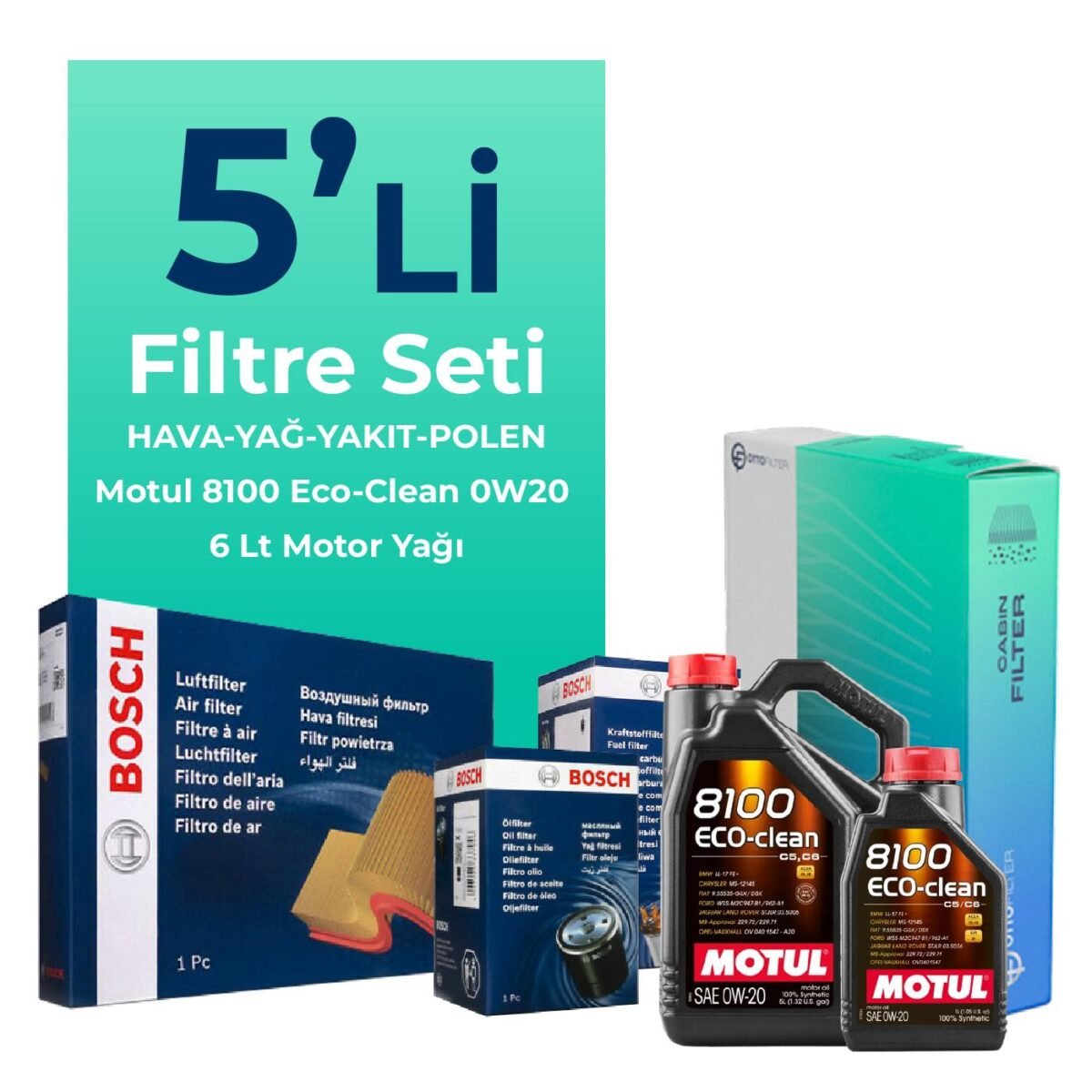 Bosch Volkswagen Caddy 2.0 Dizel Filtre Bakım Seti Motul Motor Yağlı (2020-2025) 5 Li - Görsel 1