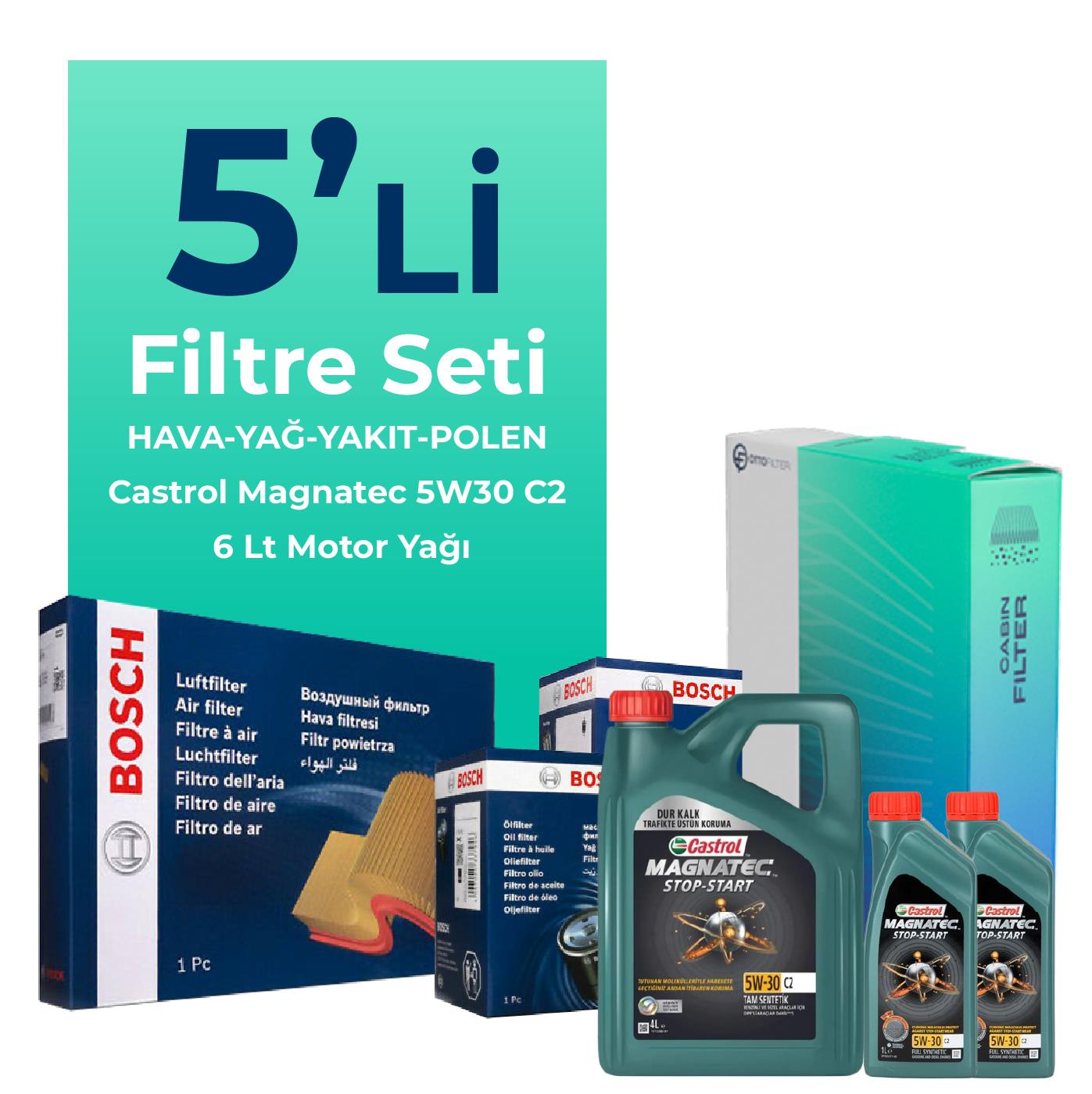 BOSCH Volvo S80 2.4 Dizel Filtre Bakım Seti Castrol Motor Yağlı (2007-2011) 5 Li
