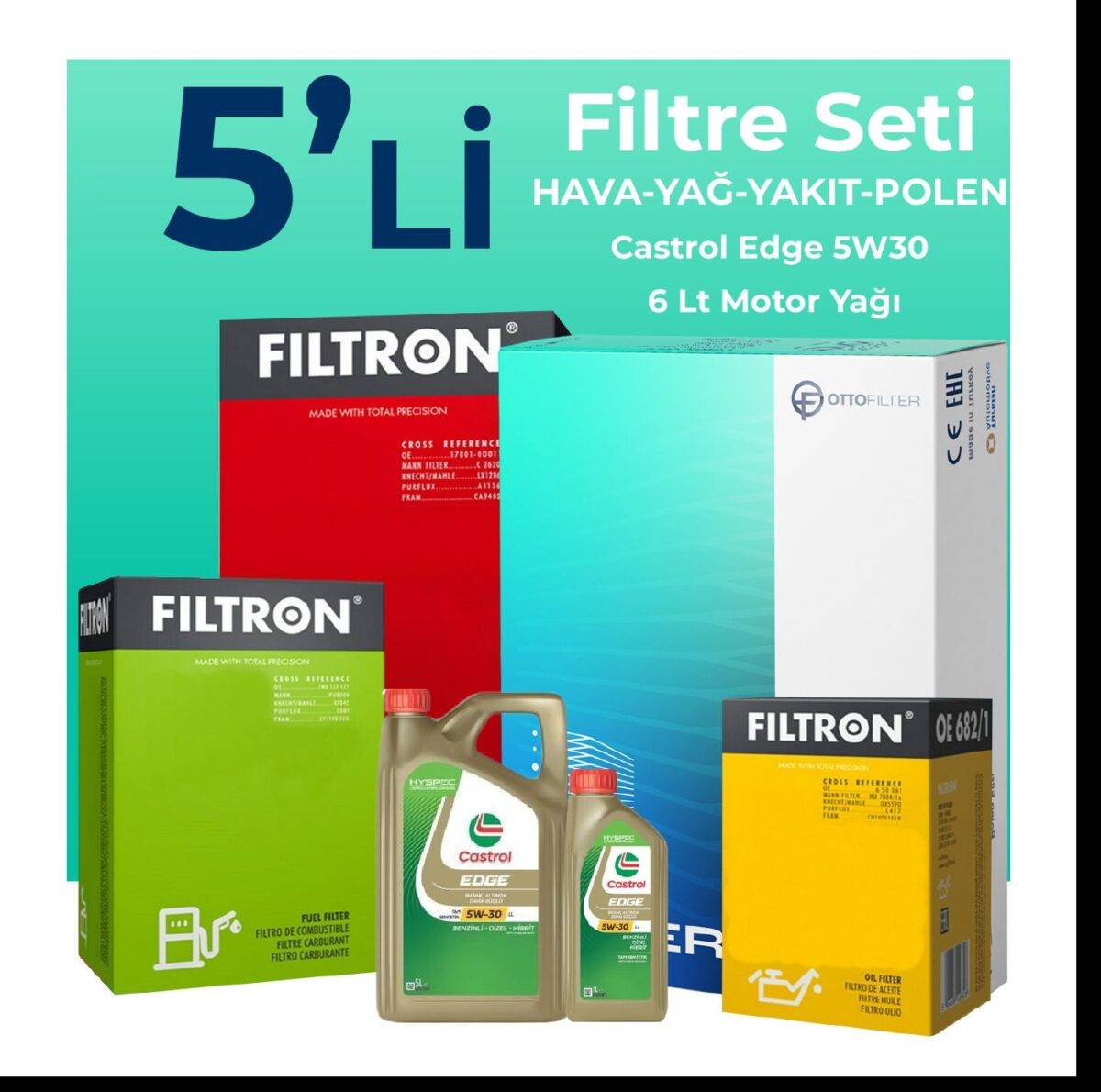 Filtron Audi A5 40 Dizel Filtre Bakım Seti Castrol Motor Yağlı (2020-2024) 5 Li - Görsel 1