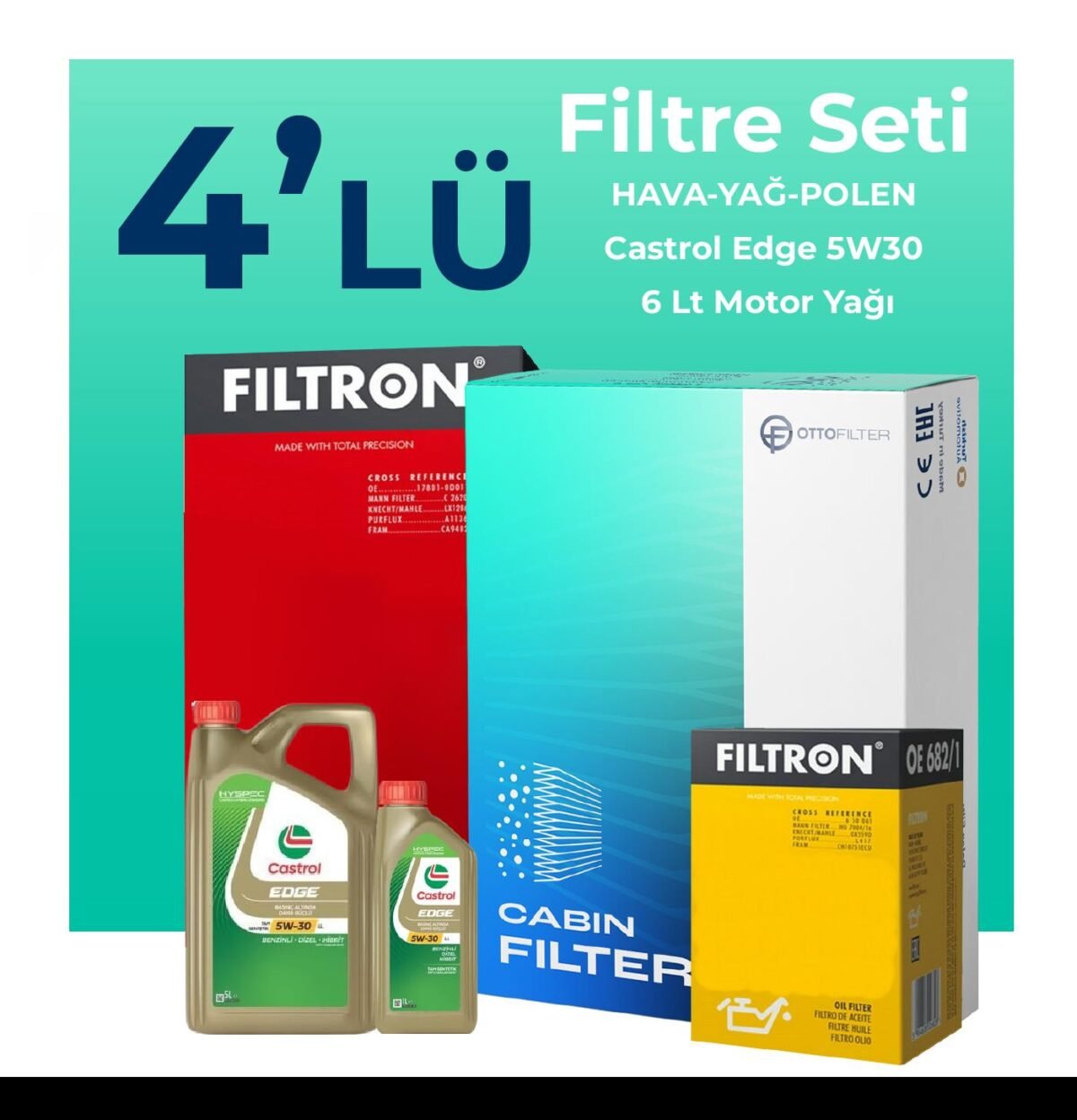 Filtron Audi TT 2.0 Tfsi 230 HP Filtre Bakım Seti Castrol Motor Yağlı (2014-2021) 4 Lü - Görsel 1
