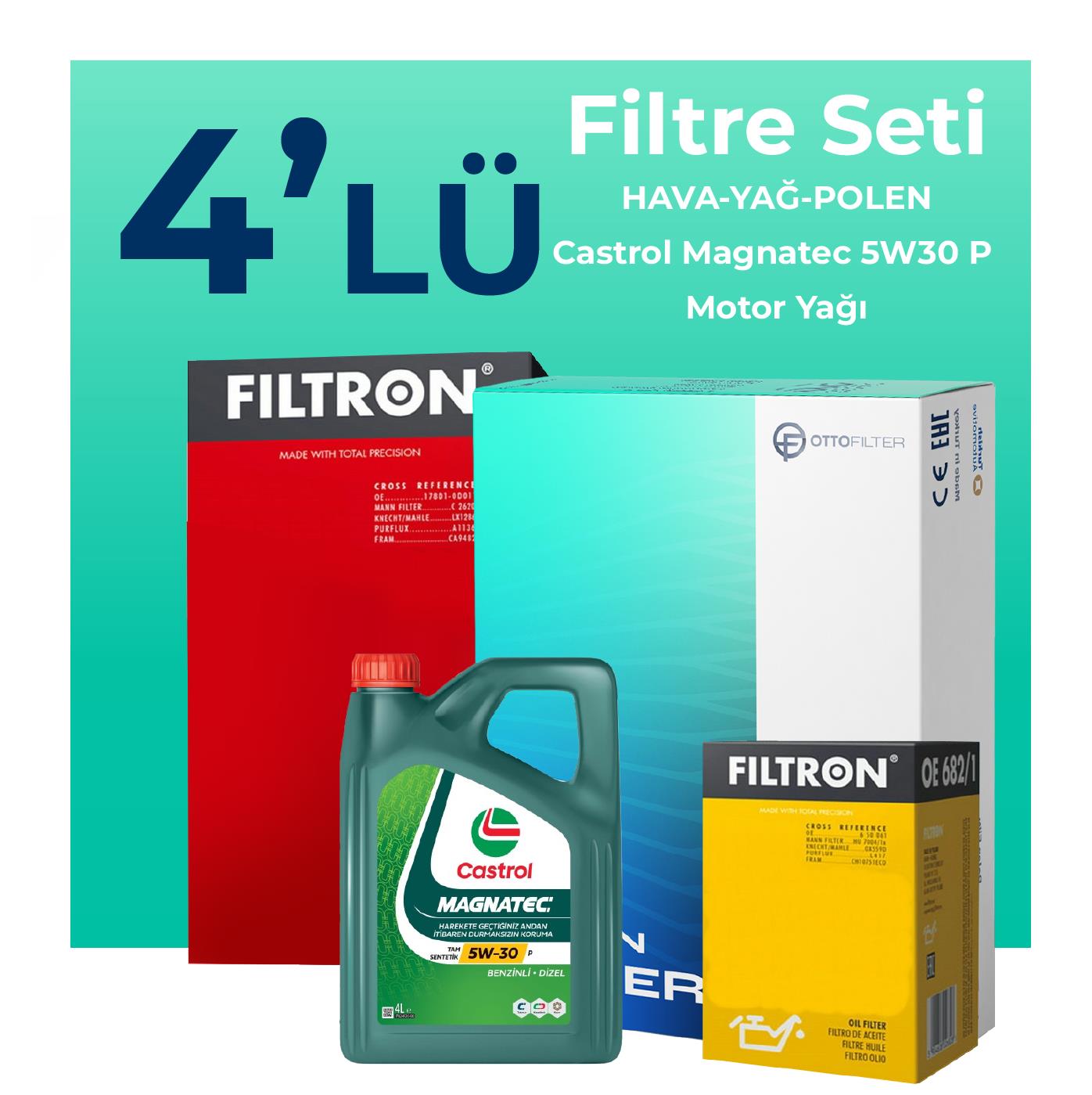 Filtron Citroen C-Elysee 1.5 Dizel Filtre Bakım Seti Castrol Motor Yağlı (2018-2023) 4 Lü