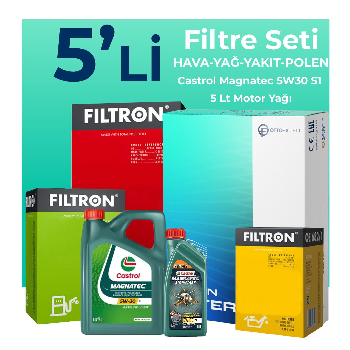Filtron Fiat Doblo 1.6 Dizel Filtre Bakım Seti Castrol Motor Yağlı (2010-2015) 5 Li