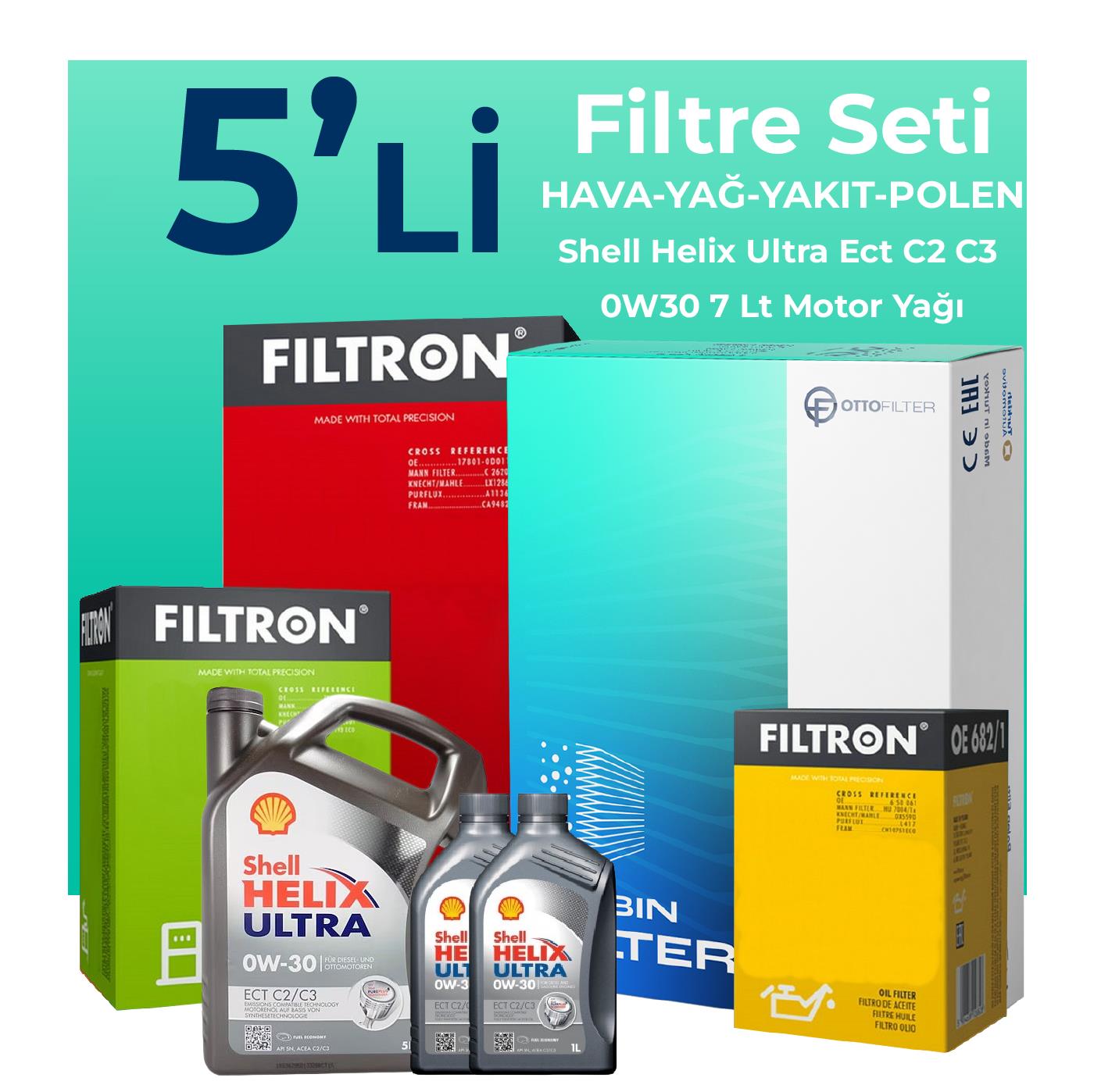 Filtron Ford Courier 1.5 EcoBlue Filtre Bakım Seti Shell Motor Yağlı (2018-2023) 5 Li