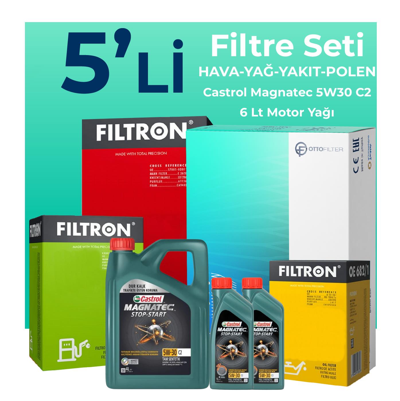 Filtron Ford Kuga 2.0 Dizel Filtre Bakım Seti Castrol Motor Yağlı (2008-2012) 5 Li