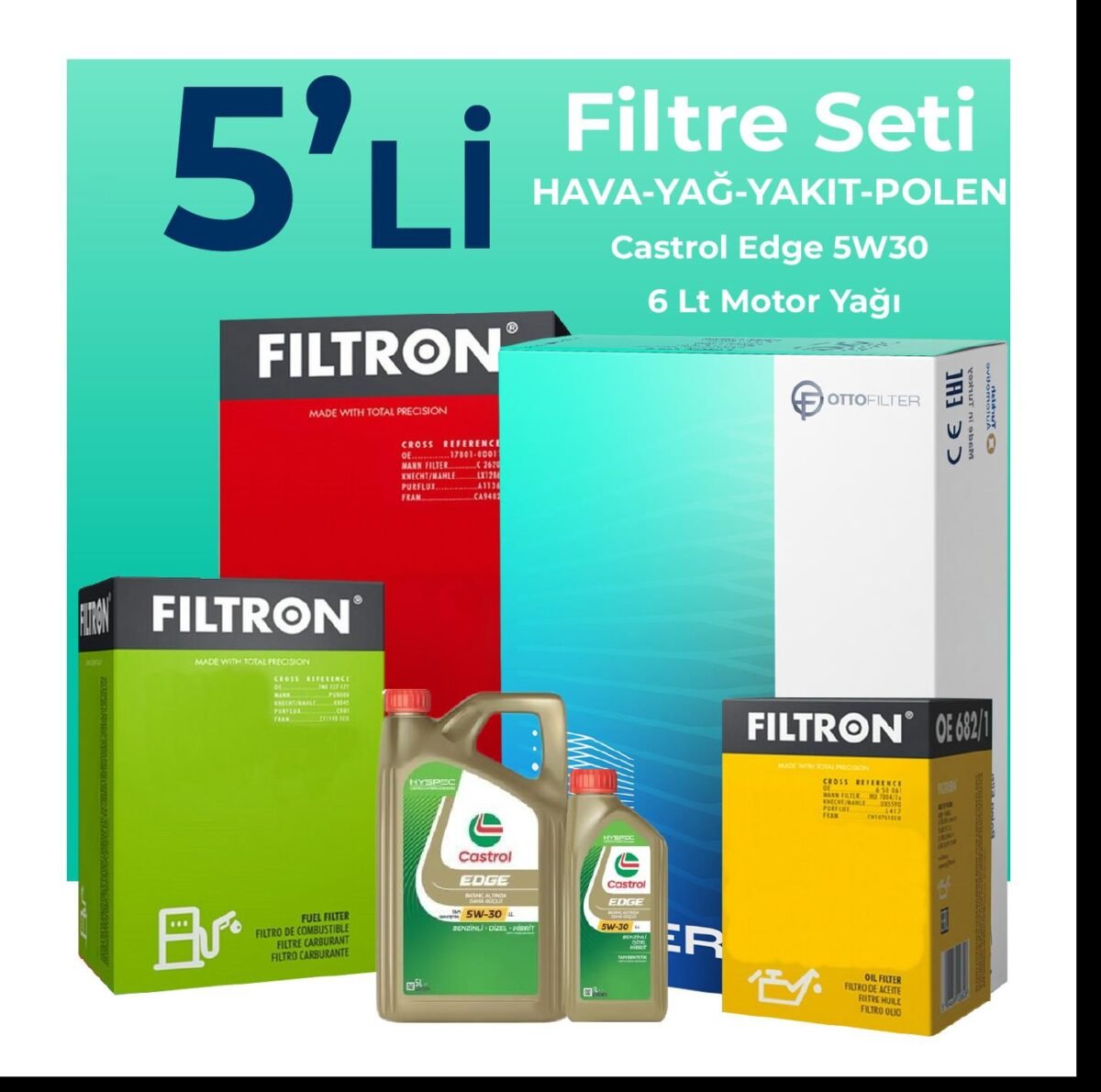 Filtron Honda CR-V 2.2 Dizel Filtre Bakım Seti Castrol Motor Yağlı (2006-2011) 5 Li - Görsel 1