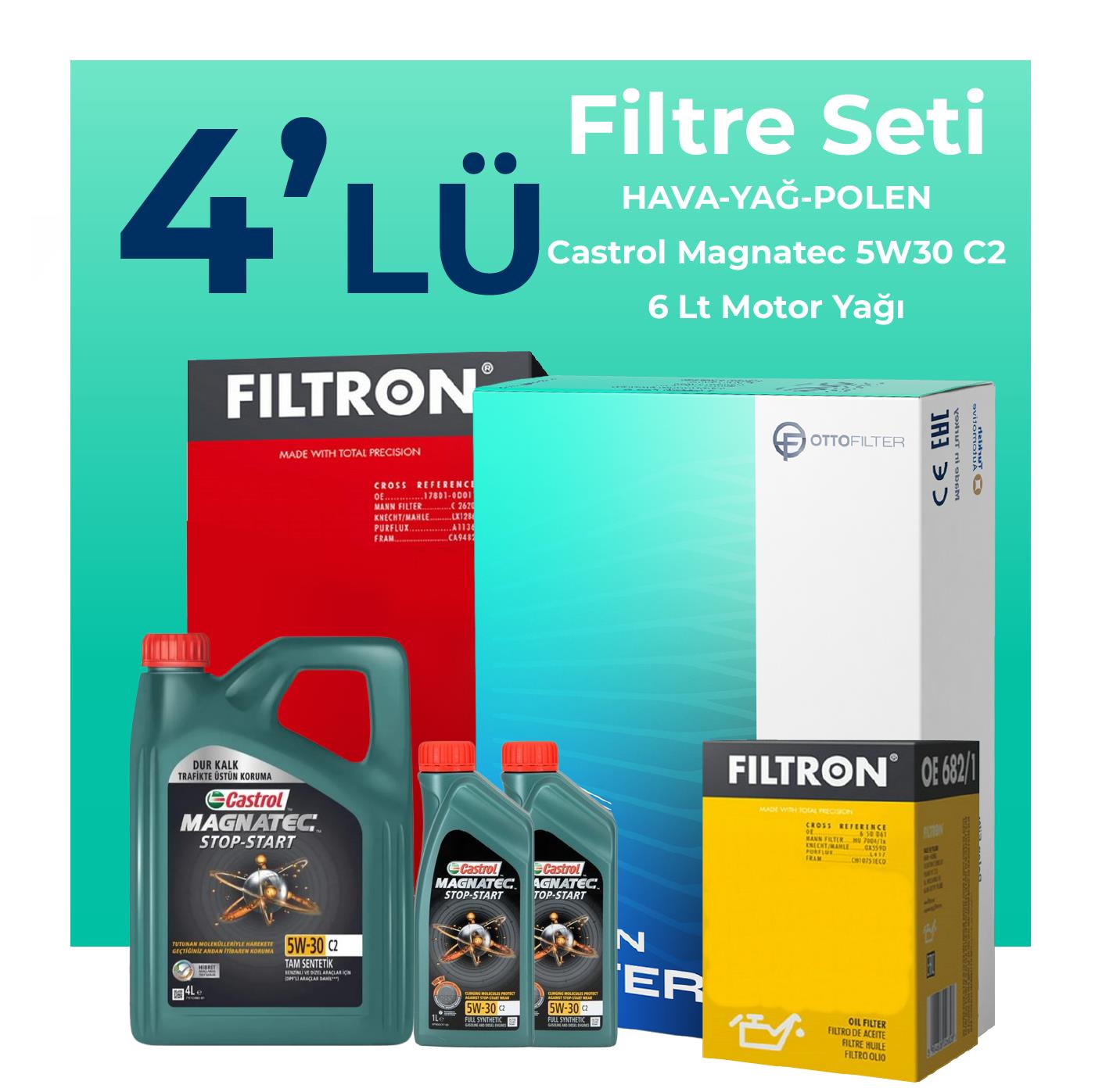 Filtron Mercedes C180 Kompresör 1.8 Benzin Filtre Bakım Seti Castrol Motor Yağlı (2008-2014) 4 Lü