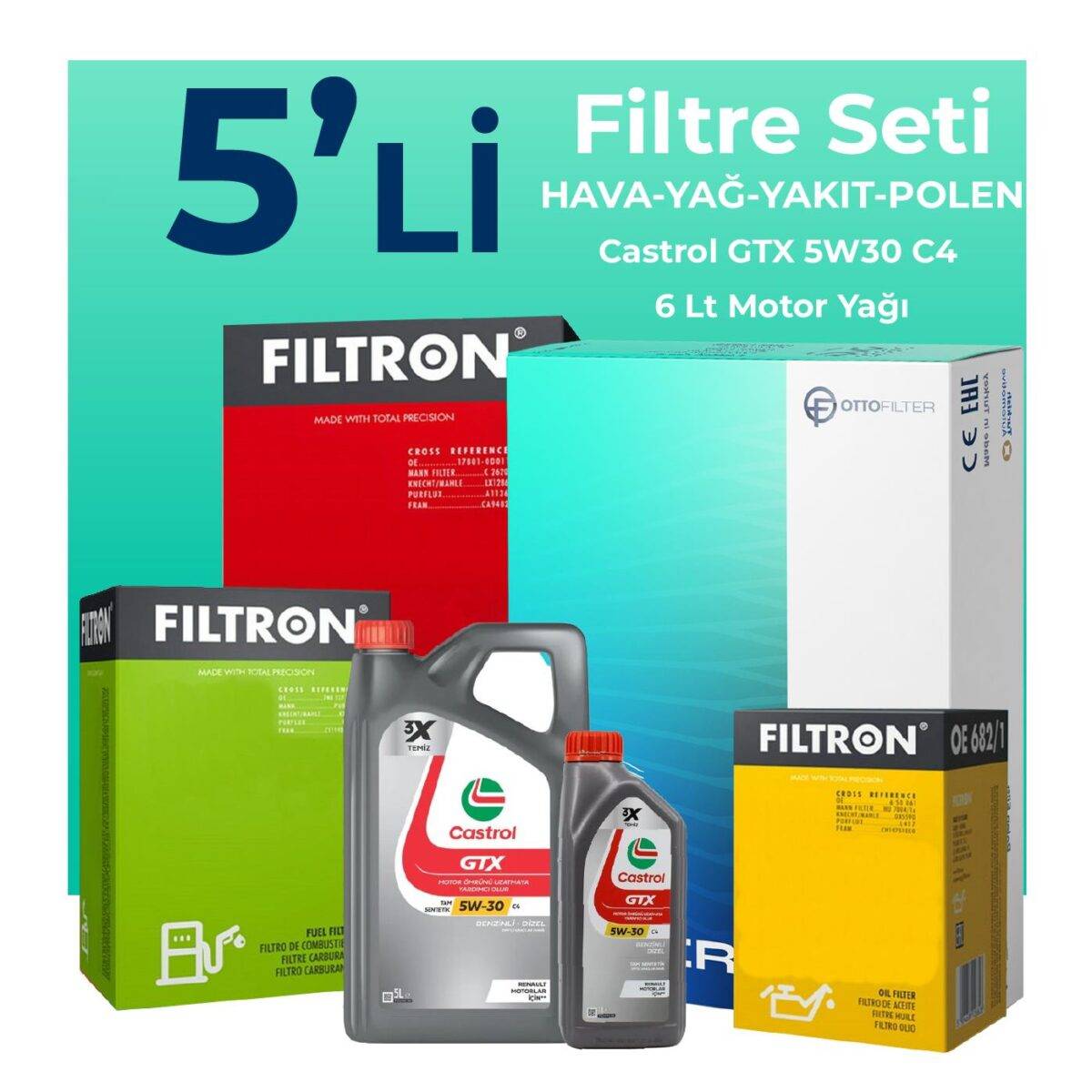 Filtron Nissan Qashqai 1.5 Dizel Filtre Bakım Seti Castrol Motor Yağlı (2018-2021) 5 Li - Görsel 1