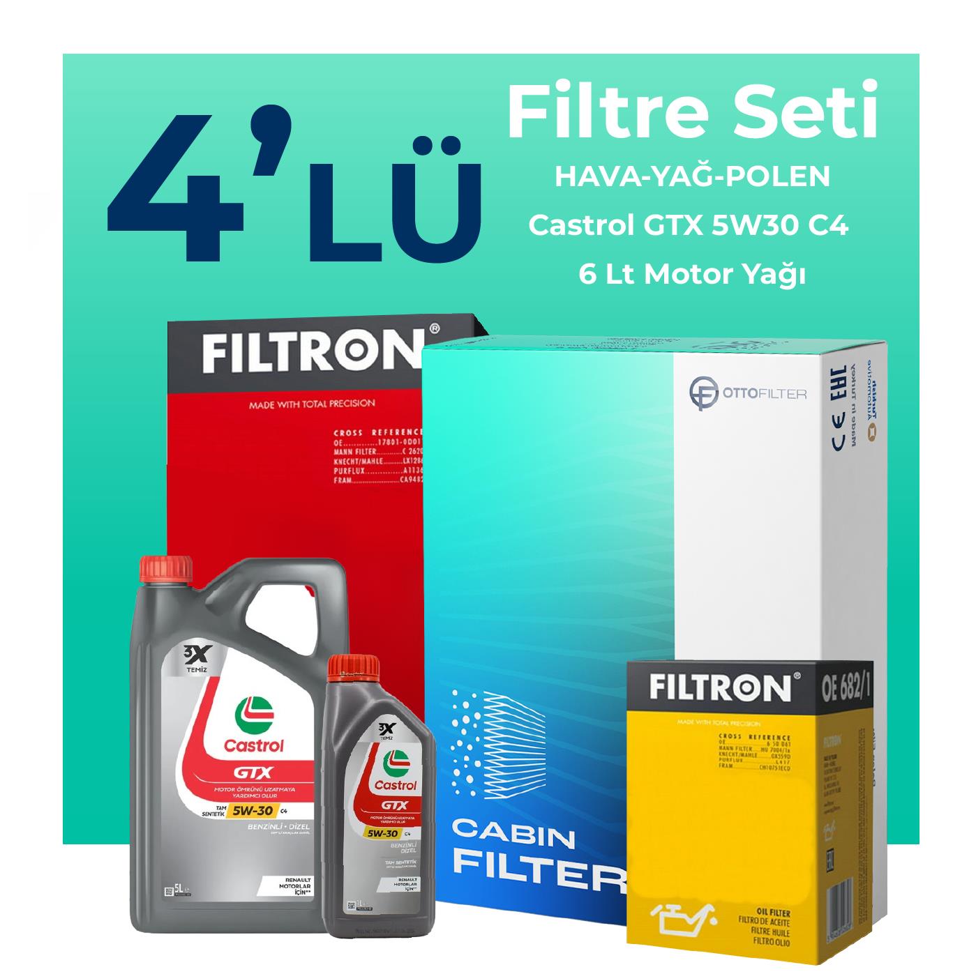 Filtron Renault Captur 1.5 Dizel BlueDCi Filtre Bakım Seti Castrol Motor Yağlı (2020-2022) 4 Lü
