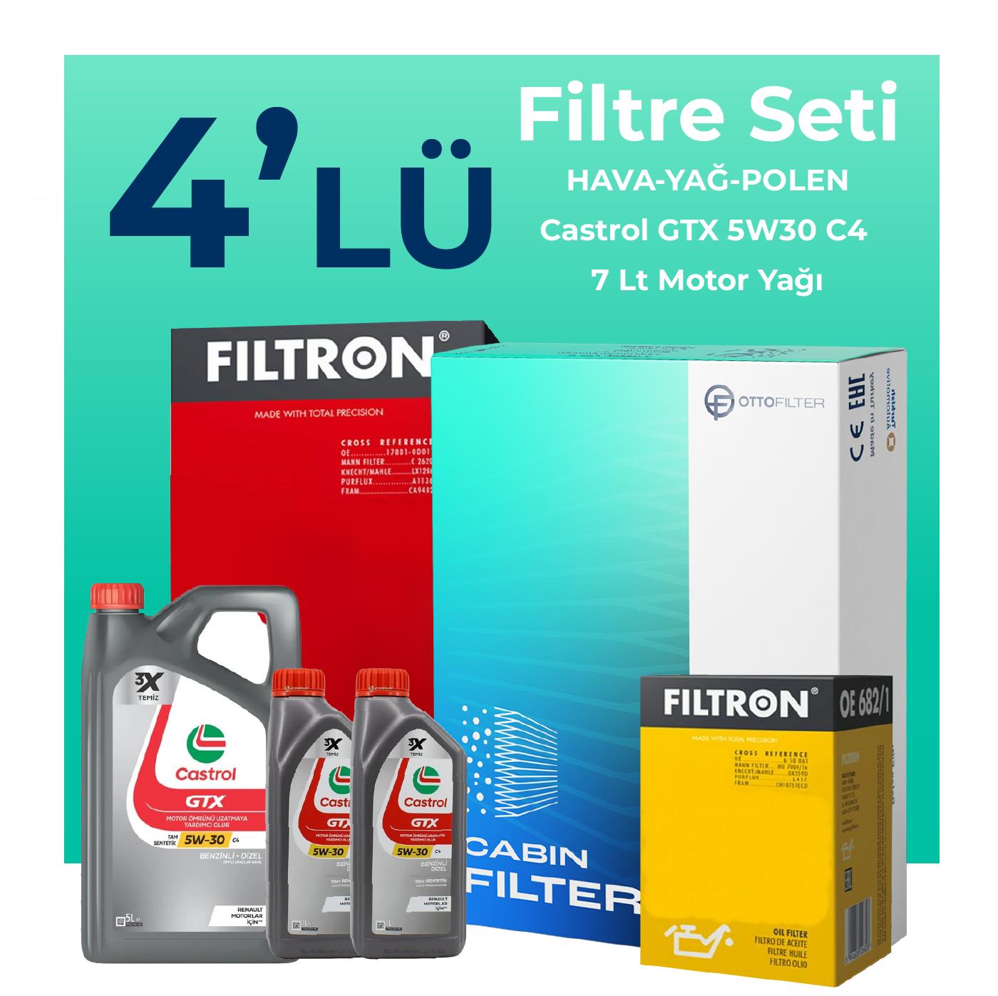 Filtron Renault Latitude 2.0 Dizel Filtre Bakım Seti Castrol Motor Yağlı (2010-2015) 4 Lü