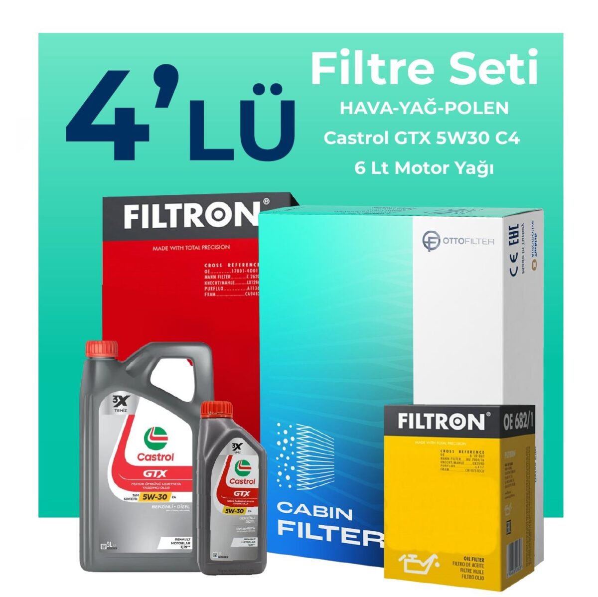 Filtron Renault Megane 1.3 Benzin TCe Filtre Bakım Seti Castrol Motor Yağlı (2019-2024) 4 Lü - Görsel 1